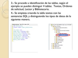 3.- Se procede a identificación de las tablas, según el
ejemplo se pueden distinguir 4 tablas: Textos, Ordenes
de solicitud, Lector y Bibliotecario.
4.- Se empieza creando la tabla textos con las
sentencias SQL y distinguiendo los tipos de datos de la
siguiente manera.
 