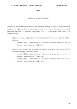UPE - SISTEMA SERIADO DE AVALIAÇÃO SSA – 2018 TRIÊNIO 2016/2018
23
ANEXO II
REGRAS DE ARREDONDAMENTO
As regras de arredondamento aplicam-se aos algarismos decimais, situados na posição seguinte
ao número de algarismos decimais que se queira transformar, ou seja, se tivermos um número de 3
algarismos decimais e quisermos arredondar para 2, aplicar-se-ão essas regras de
arredondamento:
 Algarismo menor que 5: Se o algarismo decimal seguinte for menor que 5, o anterior não se
modifica.
o Exemplo: 12,652. Arredondando a 2 algarismos decimais, deveremos ter em
atenção o terceiro decimal: 12,652= 12,65.
 Algarismo maior ou igual a 5: Se o algarismo decimal seguinte for maior ou igual a 5, o
anterior incrementa-se em uma unidade.
o Exemplo: 12,658. Arredondando a 2 algarismos decimais, deveremos ter em
atenção o terceiro decimal: 12,658= 12,66.
o Exemplo: 12,865. Arredondando a 2 algarismos decimais, deveremos ter em
atenção o terceiro decimal: 12,865= 12,87.
 