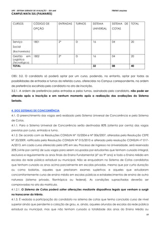 UPE - SISTEMA SERIADO DE AVALIAÇÃO – SSA 2016 TRIENIO 2013/2015
15
CAMPUS MATA SUL (PALMARES)
CURSOS CÓDIGO DE
OPÇÃO
ENTRADAS TURNOS SISTEMA
UNIVERSAL
SISTEMA DE
COTAS
TOTAL
Serviço
Social
(Bacharelado)
1801 2ª D 16 04 20
Gestão em
Logística
(Tecnológico)
1802 2ª D 16 04 20
TOTAL 32 08 40
OBS: 33..22.. OO ccaannddiiddaattoo ssóó ppooddeerráá ooppttaarr ppoorr uumm ccuurrssoo,, ppooddeennddoo,, nnoo eennttaannttoo,, ooppttaarr ppoorr ttooddaass aass
ppoossssiibbiilliiddaaddeess ddee eennttrraaddaass ee ttuurrnnooss ddoo rreeffeerriiddoo ccuurrssoo,, ooffeerreecciiddaass nnoo CCaammppuuss ccoorrrreessppoonnddeennttee,, nnaa oorrddeemm
ddee pprreeffeerrêênncciiaa eessccoollhhiiddaa ppeelloo ccaannddiiddaattoo nnoo aattoo ddee iinnssccrriiççããoo..
33..22..11.. AA oorrddeemm ddee pprreeffeerrêênncciiaa ppeellaass eennttrraaddaass ee ppeellooss ttuurrnnooss,, aassssiinnaallaaddaa ppeelloo ccaannddiiddaattoo,, nnããoo ppooddee sseerr
aalltteerraaddaa aappóóss aa iinnssccrriiççããoo ee eemm nneennhhuumm mmoommeennttoo aappóóss aa rreeaalliizzaaççããoo ddaass aavvaalliiaaççõõeess ddoo SSiisstteemmaa
SSeerriiaaddoo..
44.. DDOOSS SSIISSTTEEMMAASS DDEE CCOONNCCOORRRRÊÊNNCCIIAA
4.1. O preenchimento das vagas será realizado pelo Sistema Universal de Concorrência e pelo Sistema
de Cotas.
4.1.1. Para o Sistema Universal de Concorrência serão destinadas 80% (oitenta por cento) das vagas
previstas por curso, entrada e turno.
4.1.2. De acordo com as Resoluções CONSUN Nº 10/2004 e Nº 006/2007, alteradas pela Resolução CEPE
Nº 20/2009, ratificada pela Resolução CONSUN Nº 015/2010 e alterada pela resolução CONSUN nº 017-
A/2013, em cada curso oferecido pela UPE em seu Processo de ingresso na Universidade, será reservada
20% (vinte por cento) de suas vagas para serem ocupadas por estudantes que tenham cursado integral,
exclusiva e regularmente os anos finais do Ensino Fundamental (6º ao 9º ano) e todo o Ensino Médio em
escolas da rede pública estadual ou municipal. Não se enquadram no Sistema de Cotas candidatos
que tenham cursado os anos acima parcialmente em escolas privadas, mesmo que por curta duração
ou como bolsistas, aqueles que prestaram exames supletivos e aqueles que estudaram
concomitantemente curso de ensino médio em escolas públicas e estabelecimentos de ensino de outra
natureza (sistema privado, filantrópica ou federal). As condições supracitadas deverão ser
comprovadas no ato da matrícula.
4.1.2.1. O Sistema de Cotas poderá sofrer alterações mediante dispositivos legais que venham a surgir
no transcorrer do triênio.
4.1.3. É vedada a participação do candidato no sistema de cotas que tenha concluído curso de nível
superior ainda que pendente a colação de grau, e, ainda, aqueles oriundos de escolas da rede pública
estadual ou municipal, mas que não tenham cursado a totalidade dos anos do Ensino Médio ou
 
