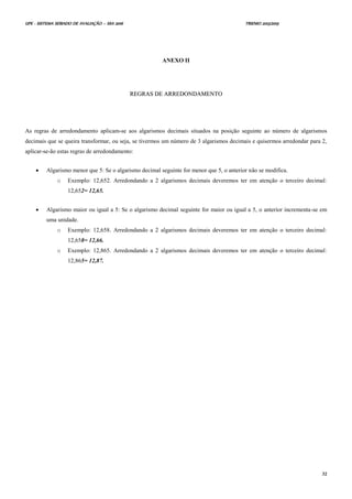 UPE - SISTEMA SERIADO DE AVALIAÇÃO – SSA 2016 TRIENIO 2013/2015
32
ANEXO II
RREEGGRRAASS DDEE AARRRREEDDOONNDDAAMMEENNTTOO
As regras de arredondamento aplicam-se aos algarismos decimais situados na posição seguinte ao número de algarismos
decimais que se queira transformar, ou seja, se tivermos um número de 3 algarismos decimais e quisermos arredondar para 2,
aplicar-se-ão estas regras de arredondamento:
 Algarismo menor que 5: Se o algarismo decimal seguinte for menor que 5, o anterior não se modifica.
o Exemplo: 12,652. Arredondando a 2 algarismos decimais deveremos ter em atenção o terceiro decimal:
12,652= 12,65.
 Algarismo maior ou igual a 5: Se o algarismo decimal seguinte for maior ou igual a 5, o anterior incrementa-se em
uma unidade.
o Exemplo: 12,658. Arredondando a 2 algarismos decimais deveremos ter em atenção o terceiro decimal:
12,658= 12,66.
o Exemplo: 12,865. Arredondando a 2 algarismos decimais deveremos ter em atenção o terceiro decimal:
12,865= 12,87.
 