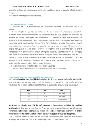 UPE - SISTEMA SERIADO DE AVALIAÇÃO SSA – 2020 TRIÊNIO 2017/2019
19
possível a entrada de recursos por parte dos candidatos para o gabarito oficial definitivo
divulgado.
10.7. O recurso intempestivo será indeferido.
11. DA AVALIAÇÃO DAS PROVAS
11.1. As provas da 1ª e 2ª bem como as da 3ª fase serão avaliadas num somatório de 0 a 100
pontos.
11.1.1. Na avaliação das questões de múltipla escolha da 1ª fase do SSA, todas as questões terão
o mesmo valor, independentemente da disciplina/conteúdo que compõe os conjuntos de
questões das provas. Dessa forma, será computado 1,111 (um vírgula cento e onze) pontos – um
ponto e cento e onze milésimos - para cada questão concordante com o gabarito para as provas
compostas de 10 (dez) questões (Matemática, Física, Química, Biologia, Geografia e História);
para cada questão concordante com o gabarito para a prova composta por 12 (doze) questões
(Língua Portuguesa) e para cada questão concordante com o gabarito para as provas
compostas por 06 (seis) questões (Língua Estrangeira -Inglês ou Espanhol, Filosofia e Sociologia).
Para efeito de fechamento do total de pontos, 100 (cem pontos), será atribuído o valor de 1,121
(um vírgula cento e vinte um) pontos – um ponto e cento e vinte e um milésimos – a uma das
questões da prova de Língua Portuguesa, escolhida de forma aleatória, entre o conjunto de 12
(doze) questões que compõem o bloco dessa disciplina.
11.2. Automaticamente será atribuída a nota 0 (zero), quando:
- o Cartão-Resposta das questões de múltipla escolha estiver em branco.
12. DA CLASSIFICAÇÃO E DA DIVULGAÇÃO DOS RESULTADOS
12.1. A classificação para o SSA-2020 (primeira fase 2017) ocorre apenas na terceira fase (SSA3) e
será feita por meio do seu Escore final de Classificação, calculado pela média aritmética
ponderada das notas de cada uma das três fases, às quais serão atribuídos os pesos a seguir:
FASE ANO PESO
1ª 2017 3,0 (Três)
2ª 2018 3,0 (Três)
3ª 2019 4,0 (Quatro)
Ao término da primeira fase (SSA 1), será divulgado o desempenho individual do candidato
(publicação de lista com a nota final na 1ª fase de todos os candidatos que participaram do
certame) e, no Sistema de Inscrição, seu desempenho será acompanho de parâmetros de análise
(maior e menor notas na fase, nota média na fase e pontuação individual por disciplinas).
12.2. As notas de cada candidato na 1ª e na 2ª fase corresponderão ao somatório do número de
pontos por ele obtidos nas provas de cada disciplina de cada uma dessas fases.
 