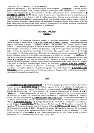 UPE - SISTEMA SERIADO DE AVALIAÇÃO – SSA 2019 TRIÊNIO 2016/2018
25
sistemas de equações do 1º grau com duas equações e duas incógnitas. 3. GEOMETRIA: 3.1 Figuras espaciais
(prisma, cilindro, pirâmide e cone); conceitos, elementos, planificações, vistas e perspectivas. 3.2 Diagonais de
prismas e alturas de pirâmides. 3.3 Posições relativas entre duas retas, entre dois planos e entre retas e planos. 4.
GRANDEZAS E MEDIDAS: 4.1. Medida do volume de sólidos geométricos (cilindro, prisma, pirâmide, esfera e
cone). 4.2 Medida da área lateral e total de sólidos geométricos (cilindro, prisma, pirâmide e cone). 5.
ESTATÍSTICA E PROBABILIDADE: 5.1 Medidas de tendência central (média, moda e mediana) para um conjunto de
dados numéricos agrupados e não agrupados. 5.2 Medidas de dispersão (amplitude, desvio médio, variância e
desvio padrão) para um conjunto de dados numéricos não agrupados. 5.3 Noções básicas de probabilidade:
conceito, espaço amostral, probabilidade da união de dois eventos.
CIÊNCIAS DA NATUREZA
BIOLOGIA
1. TAXONOMIA - 1.1 Sistemas de classificação biológica. 1.2 Regras de nomenclatura. 1.3 Os reinos biológicos:
características gerais e importância. 2. VÍRUS, BACTÉRIAS, PROTOZOÁRIOS E FUNGOS - 2.1 Reprodução de vírus,
bactérias, protozoários e fungos. 2.2 Higiene e Saúde I: 2.2.1 Imunidade. 2.2.2 Viroses: principais viroses
humanas. 2.2.3 Bacterioses: principais doenças humanas causadas por bactérias. 2.2.4 Agente etiológico, modo
de transmissão, sintomatologia e profilaxia das bacterioses. 2.2.5 Principais parasitoses ocorrentes no Brasil:
ciclos evolutivos de protozoários causadores de parasitoses. 2.2.6 Agente causal, modo de transmissão,
sintomatologia e profilaxia das parasitoses. 2.2.7 Micoses: principais doenças humanas causadas por fungos. 2.2.8
Agente etiológico, modo de transmissão, sintomatologia e profilaxia das micoses. 3. BOTÂNICA: 3.1
Características gerais dos grandes grupos atuais. 3.2 Evolução da reprodução nos grupos vegetais. 3.3 Morfologia
vegetal. 4. ZOOLOGIA: 4.1 Principais filos animais e suas características gerais. 4.2 Higiene e Saúde II: 4.2.1
Principais parasitoses ocorrentes no Brasil: ciclos evolutivos de vermes causadores de parasitoses. 4.2.2 Agente
causal, modo de transmissão, sintomatologia e profilaxia das parasitoses. 5. FUNÇÕES VITAIS NOS ANIMAIS: 5.1
Nutrição e digestão. 5.2 Circulação e transporte. 5.3 Respiração. 5.4 Excreção. 5.5 Sistemas de proteção,
sustentação e locomoção. 5.6 Sistemas integradores e regulação funcional. 5.7 Os sentidos. 6. ASPECTOS SOCIAIS
DA BIOLOGIA: doenças sexualmente transmissíveis, uso indevido de drogas, gravidez na adolescência, obesidade
e distúrbios alimentares (anorexia e bulimia).
FÍSICA
1. CONCEITOS BÁSICOS DE ÓPTICA GEOMÉTRICA - 1.1. Princípios da óptica geométrica, raio de luz, formação de
sombra e penumbra. 2. REFLEXÃO DA LUZ: 2.1. Reflexão regular e difusa, leis da reflexão; 2.2. Espelhos planos e
esféricos; 2.3. Formação das imagens; 2.4. Equação dos pontos conjugados. 3. REFRAÇÃO DA LUZ: 3.1. Leis da
refração; 3.2. Reflexão total; 3.3. Posição aparente; 3.4. Lâminas de faces paralelas; 3.5. Prismas. 4. LENTES
ESFÉRICAS: 4.1. Classificação geométrica das lentes; 4.2. Elementos geométricos; 4.3. Comportamento óptico;
4.4. Formação das imagens; 4.5. Equação dos pontos conjugados; 4.6. Vergência de uma lente; 4.7. Óptica da
visão; 4.8. Arranjos ópticos simples. 5. CONCEITOS BÁSICOS DE TERMOLOGIA: 5.1. Estados físicos da matéria; 5.2.
Conceito de temperatura e de calor; 5.3. Termômetros e escalas de medidas da temperatura (Celsius, Fahrenheit
e Kelvin); 6. DILATAÇÃO TÉRMICA: 6.1. Dilatação dos sólidos; 6.2. Dilatação dos líquidos; 6.3. Comportamento
térmico da água. 7. CALORIMETRIA: 7.1. Calor sensível; 7.2. Calor latente; 7.3. Capacidade térmica; 7.4. Calor
específico; 7.5. Mudanças de estado físico; 7.6. Diagrama de fase; 8. PROPAGAÇÃO DE CALOR: 8.1. Condução;
8.2. Convecção; 8.3. Radiação. 9. GASES - 9.1. Variáveis de estado; 9.2. Equação de Clapeyron; 9.3. Lei dos gases
perfeitos; 9.4. Transformações gasosas particulares: isotérmica, isobárica, isocórica e adiabática; 9.5. Teoria
cinética dos gases. 10. TERMODINÂMICA: 10.1. Trabalho realizado por um gás; 10.2. Energia interna; 10.3. Leis da
termodinâmica; 10.4. Transformações cíclicas; 10.5. Ciclo de Carnot.
 