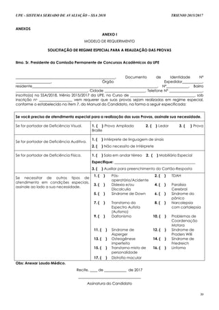 UPE - SISTEMA SERIADO DE AVALIAÇÃO – SSA 2018 TRIENIO 2015/2017
33
ANEXOS
ANEXO I
MMOODDEELLOO DDEE RREEQQUUEERRIIMMEENNTTOO
SSOOLLIICCIITTAAÇÇÃÃOO DDEE RREEGGIIMMEE EESSPPEECCIIAALL PPAARRAA AA RREEAALLIIZZAAÇÇÃÃOO DDAASS PPRROOVVAASS
Ilmo. Sr. Presidente da Comissão Permanente de Concursos Acadêmicos da UPE
____________________________________________________________________________________________________________,, DDooccuummeennttoo ddee IIddeennttiiddaaddee NNºº
______________________________________,, ÓÓrrggããoo EExxppeeddiiddoorr______________________,,
rreessiiddeennttee________________________________________________________________________________________________________________________________________,, NNºº________________________,, BBaaiirrrroo
______________________________________________________________________________,, CCiiddaaddee ____________________________________________,, TTeelleeffoonnee NNºº ____________________________________,,
iinnssccrriittoo((aa)) nnoo SSSSAA//22001188,, ttrriiêênniioo 22001155//22001177 ddaa UUPPEE,, nnoo CCuurrssoo ddee ______________________________________________________________________,, ssoobb
iinnssccrriiççããoo nnoo ____________________________________ vveemm rreeqquueerreerr qquuee ssuuaass pprroovvaass sseejjaamm rreeaalliizzaaddaass eemm rreeggiimmee eessppeecciiaall,,
ccoonnffoorrmmee oo eessttaabbeelleecciiddoo nnoo iitteemm 77.. ddoo MMaannuuaall ddoo CCaannddiiddaattoo,, nnaa ffoorrmmaa aa sseegguuiirr eessppeecciiffiiccaaddaa::
Se você precisa de atendimento especial para a realização das suas Provas, assinale sua necessidade.
Se for portador de Deficiência Visual. 1. ( ) Prova Ampliada 2. ( ) Ledor 3. ( ) Prova
Braille
Se for portador de Deficiência Auditiva.
1. ( ) Intérprete de linguagem de sinais
2. ( ) Não necessito de Intérprete
Se for portador de Deficiência Física. 1. ( ) Sala em andar térreo 2. ( ) Mobiliário Especial
Especifique: ____________________________________________
3. ( ) Auxiliar para preenchimento do Cartão-Resposta
Se necessitar de outros tipos de
atendimento em condições especiais,
assinale ao lado a sua necessidade.
1. ( ) Pós-
operatório/Acidente
2. ( ) TDAH
3. ( ) Dislexia e/ou
Discalculia
4. ( ) Paralisia
Cerebral
5. ( ) Síndrome de Down 6. ( ) Síndrome do
pânico
7. ( ) Transtorno do
Espectro Autista
(Autismo)
8. ( ) Narcolepsia
com cartalepsia
9. ( ) Daltonismo 10. ( ) Problemas de
Coordenação
Motora
11. ( ) Síndrome de
Asperger
12. ( ) Síndrome de
Praders Willi
13. ( ) Osteogênese
imperfeita
14. ( ) Síndrome de
Friedreich
15. ( ) Transtorno misto de
personalidade
16. ( ) Linfoma
17. ( ) Distrofia macular
Obs: Anexar Laudo Médico.
RReecciiffee,, ________ ddee ________________________ ddee 22001177
____________________________________________________________________
AAssssiinnaattuurraa ddoo CCaannddiiddaattoo
 