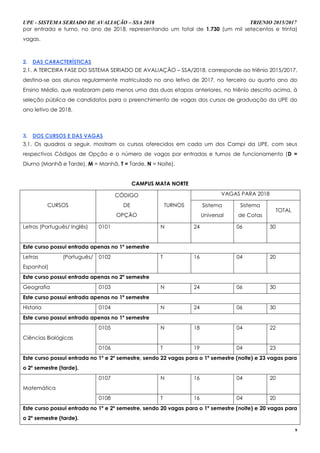 UPE - SISTEMA SERIADO DE AVALIAÇÃO – SSA 2018 TRIENIO 2015/2017
9
por entrada e turno, no ano de 2018, representando um total de 1.730 (um mil setecentos e trinta)
vagas.
2. DAS CARACTERÍSTICAS
2.1. A TERCEIRA FASE DO SISTEMA SERIADO DE AVALIAÇÃO – SSA/2018, corresponde ao triênio 2015/2017,
destina-se aos alunos regularmente matriculado no ano letivo de 2017, no terceiro ou quarto ano do
Ensino Médio, que realizaram pelo menos uma das duas etapas anteriores, no triênio descrito acima, à
seleção pública de candidatos para o preenchimento de vagas dos cursos de graduação da UPE do
ano letivo de 2018.
3. DOS CURSOS E DAS VAGAS
3.1. Os quadros a seguir, mostram os cursos oferecidos em cada um dos Campi da UPE, com seus
respectivos Códigos de Opção e o número de vagas por entradas e turnos de funcionamento (D =
Diurno (Manhã e Tarde), M = Manhã, T = Tarde, N = Noite).
CAMPUS MATA NORTE
CURSOS
CÓDIGO
DE
OPÇÃO
TURNOS
VAGAS PARA 2018
Sistema
Universal
Sistema
de Cotas
TOTAL
Letras (Português/ Inglês) 0101 N 24 06 30
Este curso possui entrada apenas no 1º semestre
Letras (Português/
Espanhol)
0102 T 16 04 20
Este curso possui entrada apenas no 2º semestre
Geografia 0103 N 24 06 30
Este curso possui entrada apenas no 1º semestre
Historia 0104 N 24 06 30
Este curso possui entrada apenas no 1º semestre
Ciências Biológicas
0105 N 18 04 22
0106 T 19 04 23
Este curso possui entrada no 1º e 2º semestre, sendo 22 vagas para o 1º semestre (noite) e 23 vagas para
o 2º semestre (tarde).
Matemática
0107 N 16 04 20
0108 T 16 04 20
Este curso possui entrada no 1º e 2º semestre, sendo 20 vagas para o 1º semestre (noite) e 20 vagas para
o 2º semestre (tarde).
 
