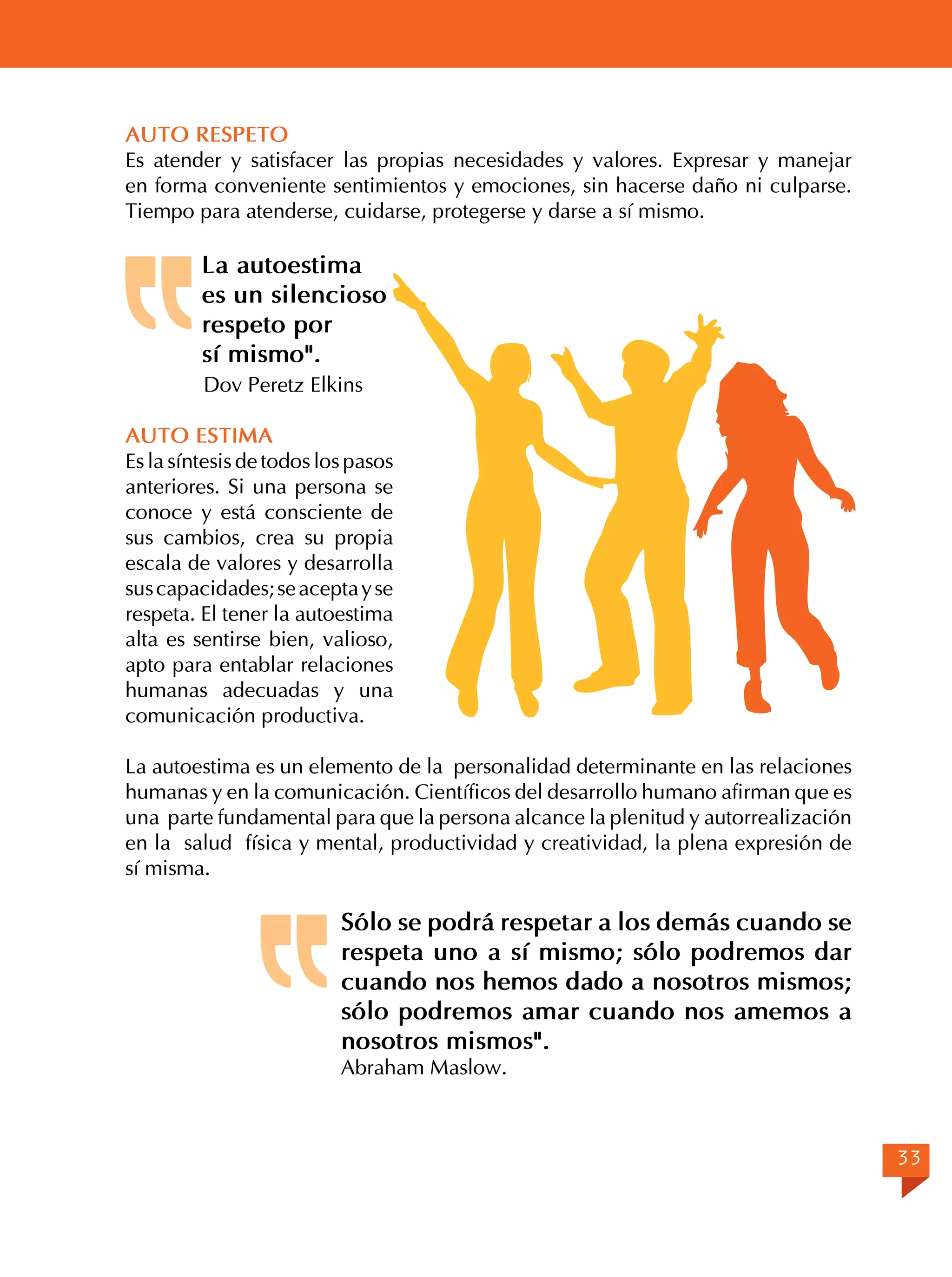 AUTO RESPETO
Es atender y satisfacer las propias necesidades y valores. Expresar y manejar
en forma conveniente sentimientos y emociones, sin hacerse daño ni culparse.
Tiempo para atenderse, cuidarse, protegerse y darse a sí mismo.

La autoestima
es un silencioso
respeto por
sí mismo".
Dov Peretz Elkins
AUTO ESTIMA
Es la síntesis de todos los pasos
anteriores. Si una persona se
conoce y está consciente de
sus cambios, crea su propia
escala de valores y desarrolla
sus capacidades; se acepta y se
respeta. El tener la autoestima
alta es sentirse bien, valioso,
apto para entablar relaciones
humanas adecuadas y una
comunicación productiva.
La autoestima es un elemento de la personalidad determinante en las relaciones
humanas y en la comunicación. Científicos del desarrollo humano afirman que es
una parte fundamental para que la persona alcance la plenitud y autorrealización
en la salud física y mental, productividad y creatividad, la plena expresión de
sí misma.

Sólo se podrá respetar a los demás cuando se
respeta uno a sí mismo; sólo podremos dar
cuando nos hemos dado a nosotros mismos;
sólo podremos amar cuando nos amemos a
nosotros mismos".
Abraham Maslow.

33

 