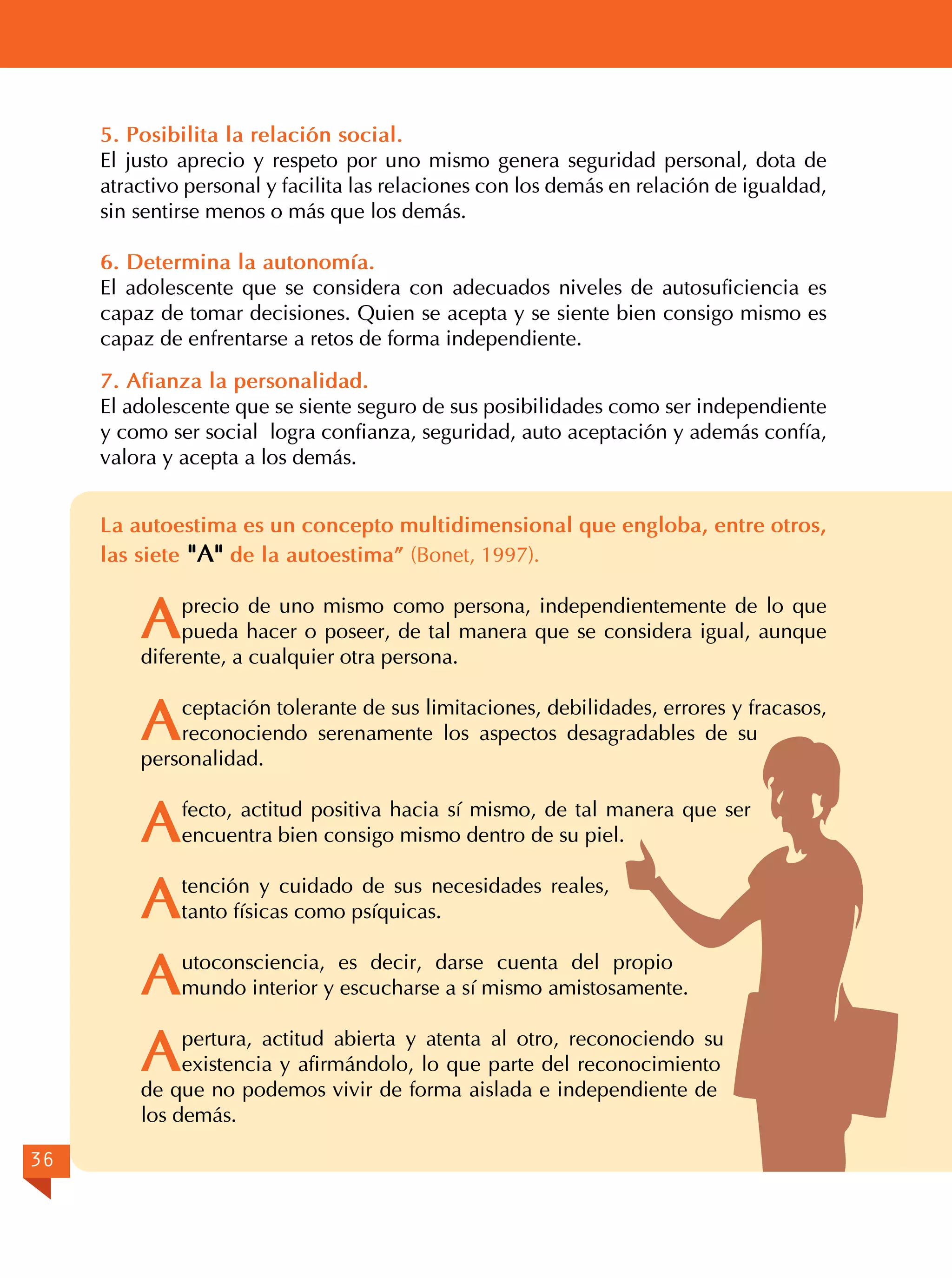 5. Posibilita la relación social.
El justo aprecio y respeto por uno mismo genera seguridad personal, dota de
atractivo personal y facilita las relaciones con los demás en relación de igualdad,
sin sentirse menos o más que los demás.
6. Determina la autonomía.
El adolescente que se considera con adecuados niveles de autosuficiencia es
capaz de tomar decisiones. Quien se acepta y se siente bien consigo mismo es
capaz de enfrentarse a retos de forma independiente.
7. Afianza la personalidad.
El adolescente que se siente seguro de sus posibilidades como ser independiente
y como ser social logra confianza, seguridad, auto aceptación y además confía,
valora y acepta a los demás.
La autoestima es un concepto multidimensional que engloba, entre otros,
las siete "A" de la autoestima” (Bonet, 1997).

A

precio de uno mismo como persona, independientemente de lo que
pueda hacer o poseer, de tal manera que se considera igual, aunque
diferente, a cualquier otra persona.

A

ceptación tolerante de sus limitaciones, debilidades, errores y fracasos,
reconociendo serenamente los aspectos desagradables de su
personalidad.

A
A
A
A

fecto, actitud positiva hacia sí mismo, de tal manera que ser
encuentra bien consigo mismo dentro de su piel.
tención y cuidado de sus necesidades reales,
tanto físicas como psíquicas.	
utoconsciencia, es decir, darse cuenta del propio
mundo interior y escucharse a sí mismo amistosamente.

pertura, actitud abierta y atenta al otro, reconociendo su
existencia y afirmándolo, lo que parte del reconocimiento
de que no podemos vivir de forma aislada e independiente de
los demás.

36

 