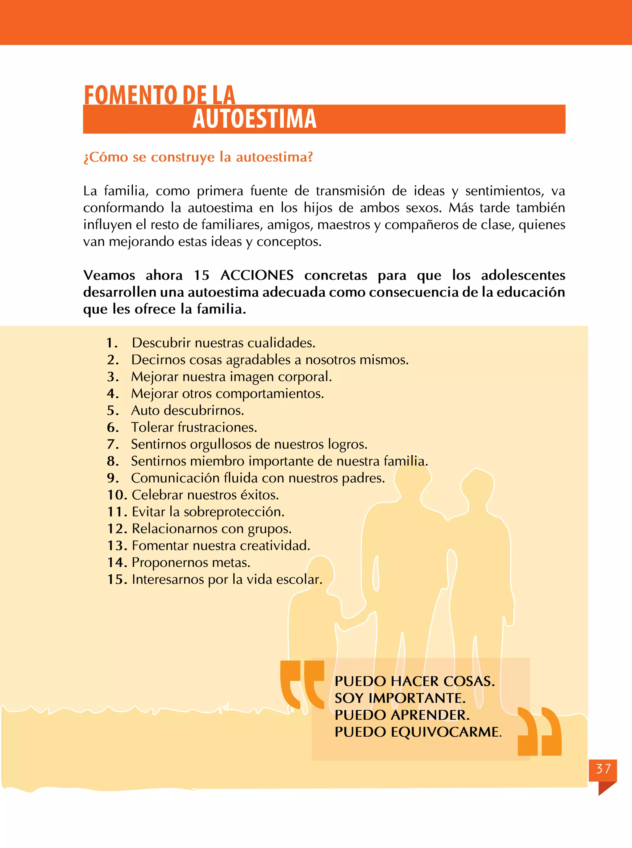 FOMENTO DE LA
AUTOESTIMA
¿Cómo se construye la autoestima?
La familia, como primera fuente de transmisión de ideas y sentimientos, va
conformando la autoestima en los hijos de ambos sexos. Más tarde también
influyen el resto de familiares, amigos, maestros y compañeros de clase, quienes
van mejorando estas ideas y conceptos.
Veamos ahora 15 ACCIONES concretas para que los adolescentes
desarrollen una autoestima adecuada como consecuencia de la educación
que les ofrece la familia.
1. Descubrir nuestras cualidades.
2. Decirnos cosas agradables a nosotros mismos.
3. Mejorar nuestra imagen corporal.
4. Mejorar otros comportamientos.
5. Auto descubrirnos.
6. Tolerar frustraciones.
7. Sentirnos orgullosos de nuestros logros.
8. Sentirnos miembro importante de nuestra familia.
9. Comunicación fluida con nuestros padres.
10. Celebrar nuestros éxitos.
11. Evitar la sobreprotección.
12. Relacionarnos con grupos.
13. Fomentar nuestra creatividad.
14. Proponernos metas.
15. Interesarnos por la vida escolar.

PUEDO HACER COSAS.
SOY IMPORTANTE.
PUEDO APRENDER.
PUEDO EQUIVOCARME.
37

 
