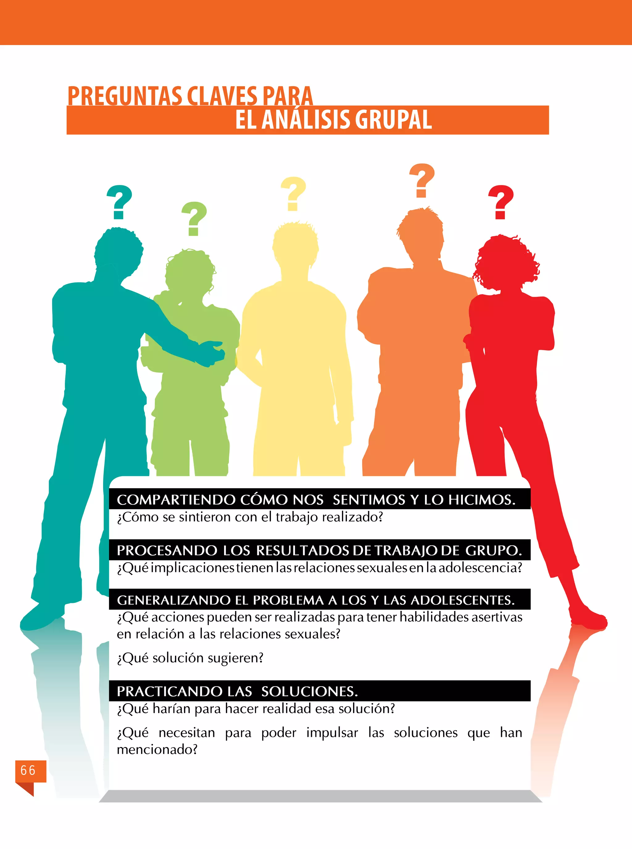 PREGUNTAS CLAVES PARA
EL ANÁLISIS GRUPAL

? ?

?

?

?

COMPARTIENDO CÓMO NOS SENTIMOS Y LO HICIMOS.
¿Cómo se sintieron con el trabajo realizado?
PROCESANDO LOS RESULTADOS DE TRABAJO DE GRUPO.
¿Qué implicaciones tienen las relaciones sexuales en la adolescencia?
GENERALIZANDO EL PROBLEMA A LOS Y LAS ADOLESCENTES.

¿Qué acciones pueden ser realizadas para tener habilidades asertivas
en relación a las relaciones sexuales?
¿Qué solución sugieren?
PRACTICANDO LAS SOLUCIONES.
¿Qué harían para hacer realidad esa solución?
¿Qué necesitan para poder impulsar las soluciones que han
mencionado?
66

 