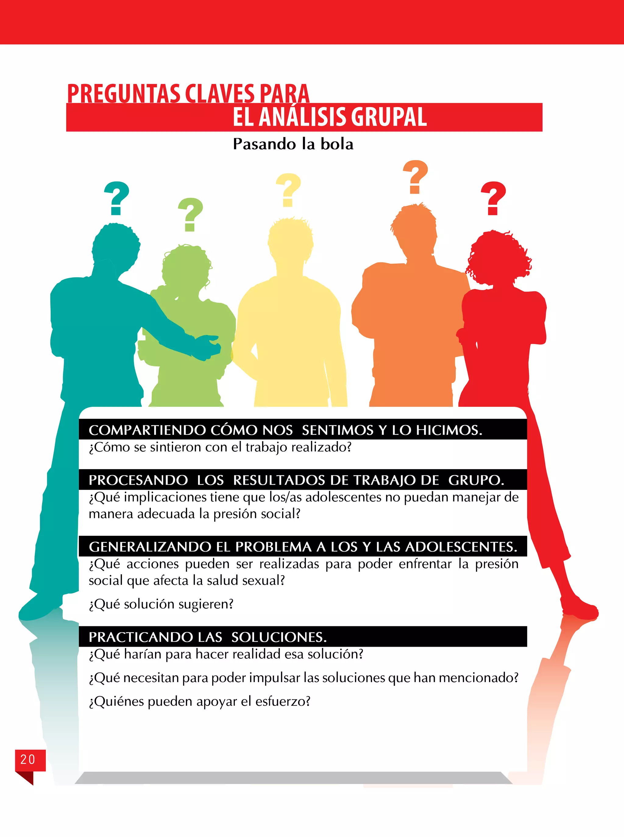 PREGUNTAS CLAVES PARA
EL ANÁLISIS GRUPAL
Pasando la bola

? ?

?

?

?

COMPARTIENDO CÓMO NOS SENTIMOS Y LO HICIMOS.
¿Cómo se sintieron con el trabajo realizado?
PROCESANDO LOS RESULTADOS DE TRABAJO DE GRUPO.
¿Qué implicaciones tiene que los/as adolescentes no puedan manejar de
manera adecuada la presión social?
GENERALIZANDO EL PROBLEMA A LOS Y LAS ADOLESCENTES.
¿Qué acciones pueden ser realizadas para poder enfrentar la presión
social que afecta la salud sexual?
¿Qué solución sugieren?
PRACTICANDO LAS SOLUCIONES.
¿Qué harían para hacer realidad esa solución?
¿Qué necesitan para poder impulsar las soluciones que han mencionado?
¿Quiénes pueden apoyar el esfuerzo?

20

 