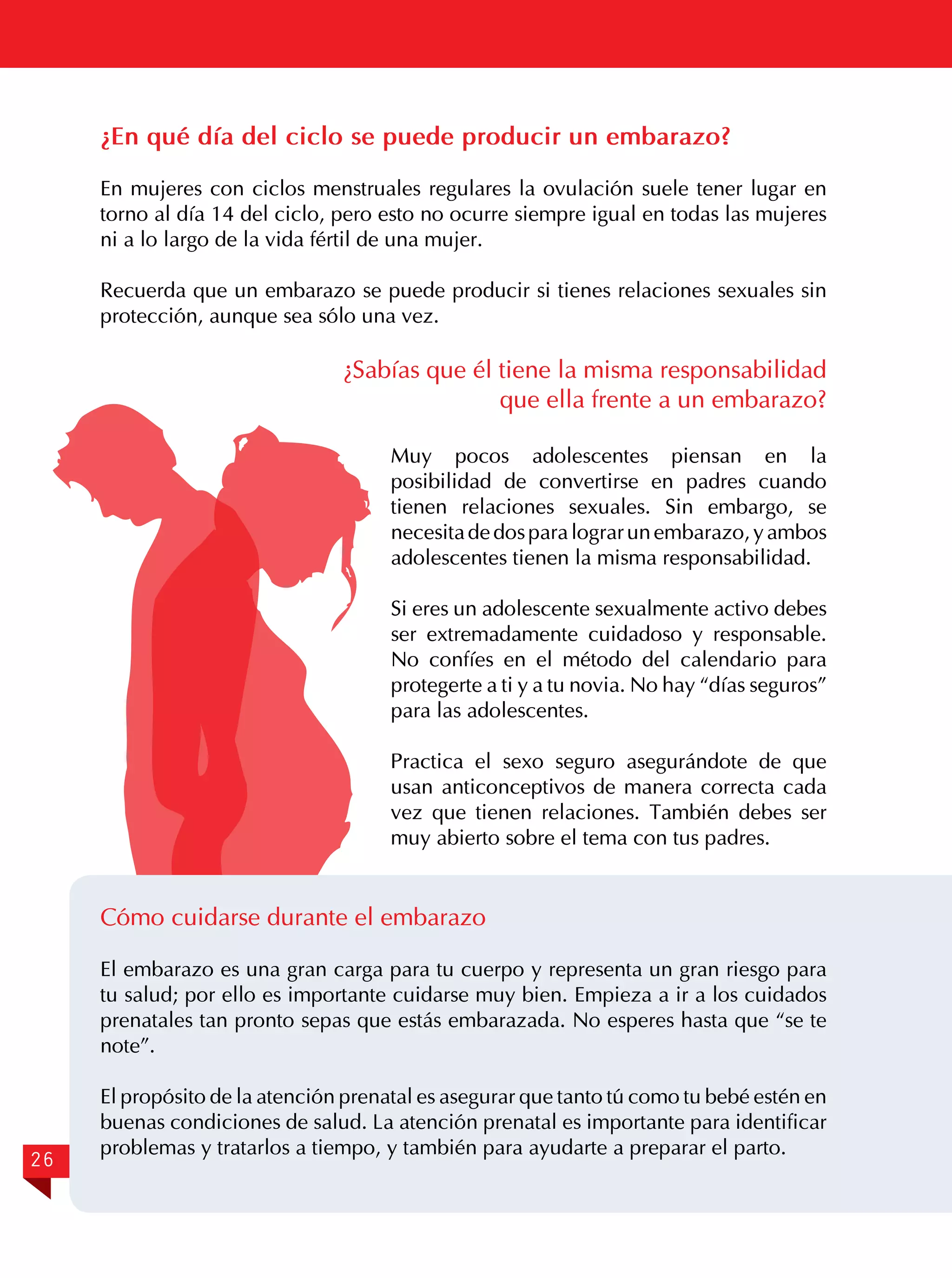 ¿En qué día del ciclo se puede producir un embarazo?
En mujeres con ciclos menstruales regulares la ovulación suele tener lugar en
torno al día 14 del ciclo, pero esto no ocurre siempre igual en todas las mujeres
ni a lo largo de la vida fértil de una mujer.
Recuerda que un embarazo se puede producir si tienes relaciones sexuales sin
protección, aunque sea sólo una vez.

¿Sabías que él tiene la misma responsabilidad
que ella frente a un embarazo?
Muy pocos adolescentes piensan en la
posibilidad de convertirse en padres cuando
tienen relaciones sexuales. Sin embargo, se
necesita de dos para lograr un embarazo, y ambos
adolescentes tienen la misma responsabilidad.
Si eres un adolescente sexualmente activo debes
ser extremadamente cuidadoso y responsable.
No confíes en el método del calendario para
protegerte a ti y a tu novia. No hay “días seguros”
para las adolescentes.
Practica el sexo seguro asegurándote de que
usan anticonceptivos de manera correcta cada
vez que tienen relaciones. También debes ser
muy abierto sobre el tema con tus padres.

Cómo cuidarse durante el embarazo
El embarazo es una gran carga para tu cuerpo y representa un gran riesgo para
tu salud; por ello es importante cuidarse muy bien. Empieza a ir a los cuidados
prenatales tan pronto sepas que estás embarazada. No esperes hasta que “se te
note”.

26

El propósito de la atención prenatal es asegurar que tanto tú como tu bebé estén en
buenas condiciones de salud. La atención prenatal es importante para identificar
problemas y tratarlos a tiempo, y también para ayudarte a preparar el parto.

 