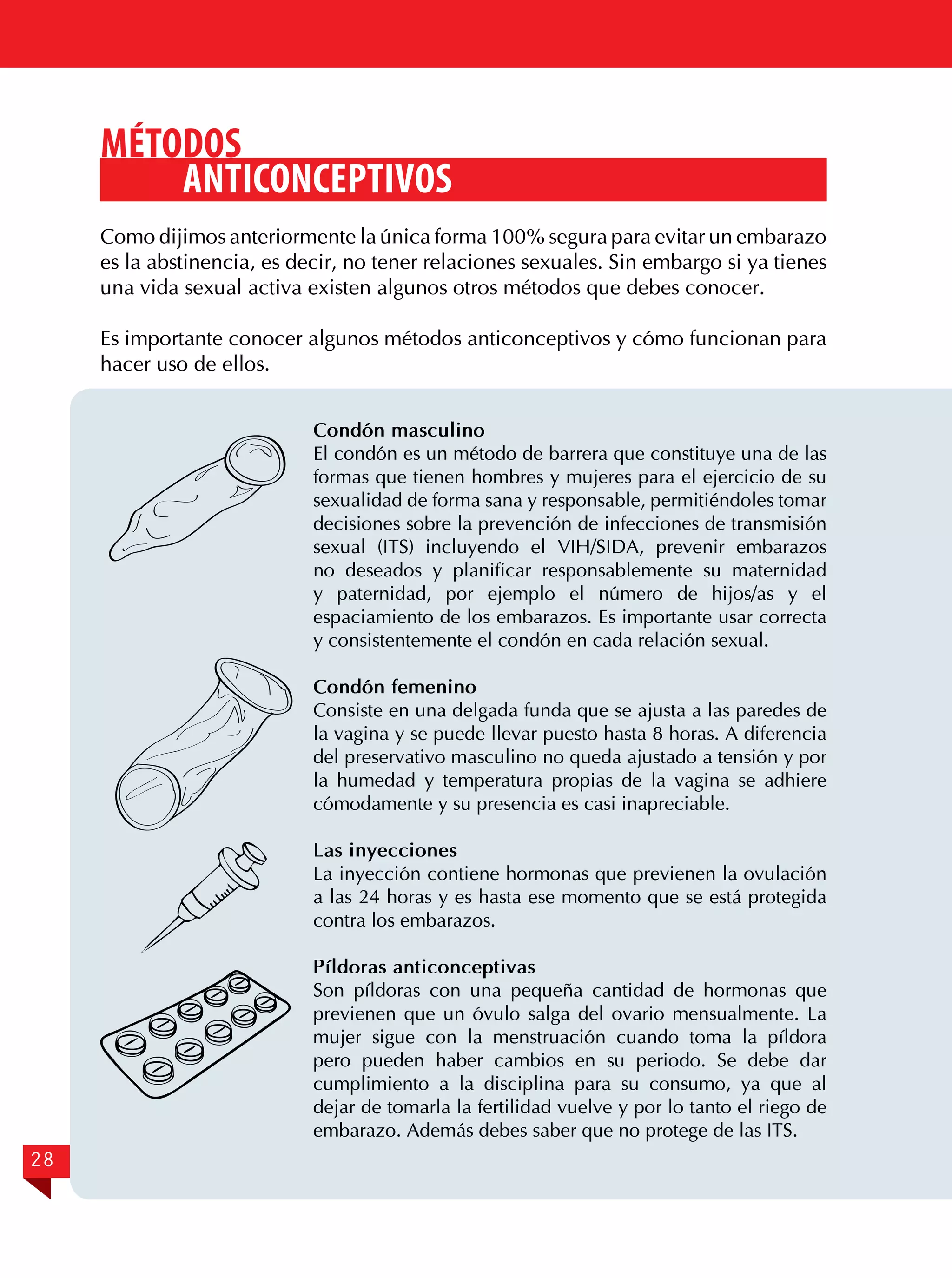 Métodos
anticonceptivos
Como dijimos anteriormente la única forma 100% segura para evitar un embarazo
es la abstinencia, es decir, no tener relaciones sexuales. Sin embargo si ya tienes
una vida sexual activa existen algunos otros métodos que debes conocer.
Es importante conocer algunos métodos anticonceptivos y cómo funcionan para
hacer uso de ellos.
Condón masculino
El condón es un método de barrera que constituye una de las
formas que tienen hombres y mujeres para el ejercicio de su
sexualidad de forma sana y responsable, permitiéndoles tomar
decisiones sobre la prevención de infecciones de transmisión
sexual (ITS) incluyendo el VIH/SIDA, prevenir embarazos
no deseados y planificar responsablemente su maternidad
y paternidad, por ejemplo el número de hijos/as y el
espaciamiento de los embarazos. Es importante usar correcta
y consistentemente el condón en cada relación sexual.
Condón femenino
Consiste en una delgada funda que se ajusta a las paredes de
la vagina y se puede llevar puesto hasta 8 horas. A diferencia
del preservativo masculino no queda ajustado a tensión y por
la humedad y temperatura propias de la vagina se adhiere
cómodamente y su presencia es casi inapreciable.
Las inyecciones
La inyección contiene hormonas que previenen la ovulación
a las 24 horas y es hasta ese momento que se está protegida
contra los embarazos.
Píldoras anticonceptivas
Son píldoras con una pequeña cantidad de hormonas que
previenen que un óvulo salga del ovario mensualmente. La
mujer sigue con la menstruación cuando toma la píldora
pero pueden haber cambios en su periodo. Se debe dar
cumplimiento a la disciplina para su consumo, ya que al
dejar de tomarla la fertilidad vuelve y por lo tanto el riego de
embarazo. Además debes saber que no protege de las ITS.

28

 