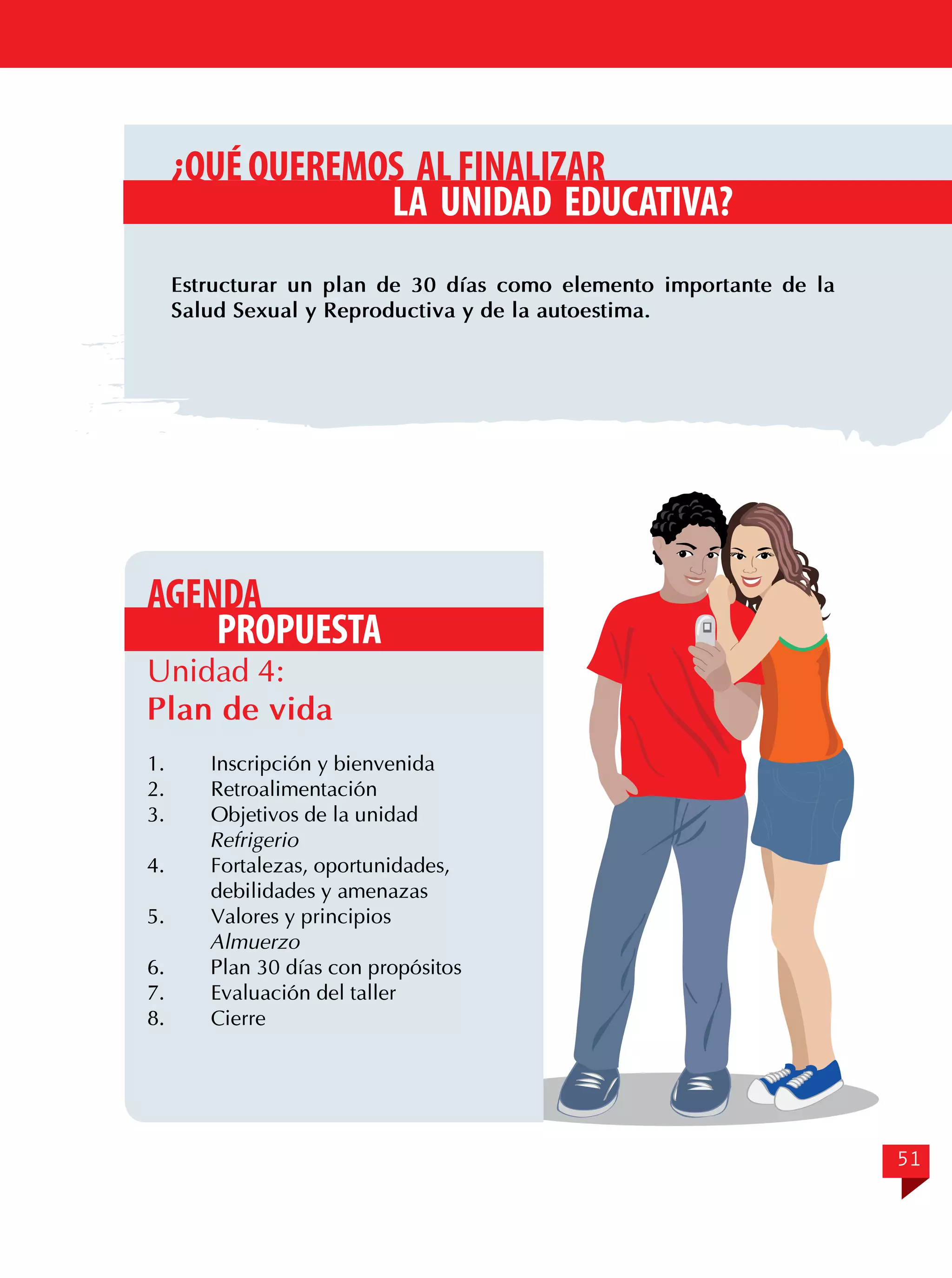 ¿QUÉ QUEREMOS AL FINALIZAR
LA UNIDAD EDUCATIVA?
Estructurar un plan de 30 días como elemento importante de la
Salud Sexual y Reproductiva y de la autoestima.

AGENDA
PROPUESTA
Unidad 4:
Plan de vida

1.	
Inscripción y bienvenida
2.	Retroalimentación
3.	
Objetivos de la unidad
Refrigerio
4.	
Fortalezas, oportunidades,
debilidades y amenazas
5.	
Valores y principios
Almuerzo
6.	
Plan 30 días con propósitos
7.	
Evaluación del taller
8.	Cierre

51

 