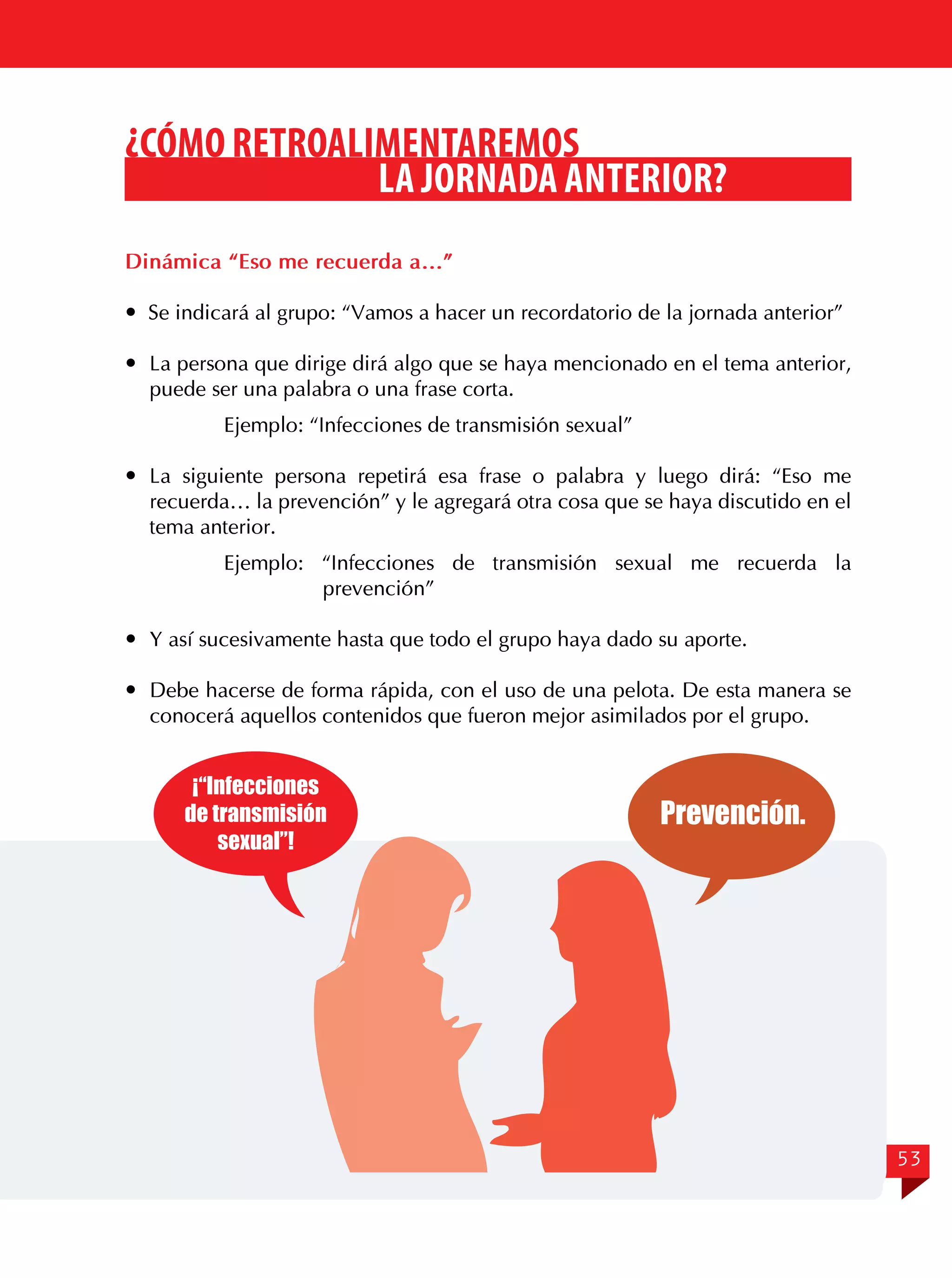 ¿CÓMO RETROALIMENTAREMOS
LA JORNADA ANTERIOR?
Dinámica “Eso me recuerda a…”
 Se indicará al grupo: “Vamos a hacer un recordatorio de la jornada anterior”
	 La persona que dirige dirá algo que se haya mencionado en el tema anterior,
puede ser una palabra o una frase corta.
Ejemplo: “Infecciones de transmisión sexual”
	La siguiente persona repetirá esa frase o palabra y luego dirá: “Eso me
recuerda… la prevención” y le agregará otra cosa que se haya discutido en el
tema anterior.
Ejemplo: “Infecciones de transmisión sexual me recuerda la
prevención”
	 Y así sucesivamente hasta que todo el grupo haya dado su aporte.
	 Debe hacerse de forma rápida, con el uso de una pelota. De esta manera se
conocerá aquellos contenidos que fueron mejor asimilados por el grupo.

¡“Infecciones
de transmisión
sexual”!

Prevención.

53

 