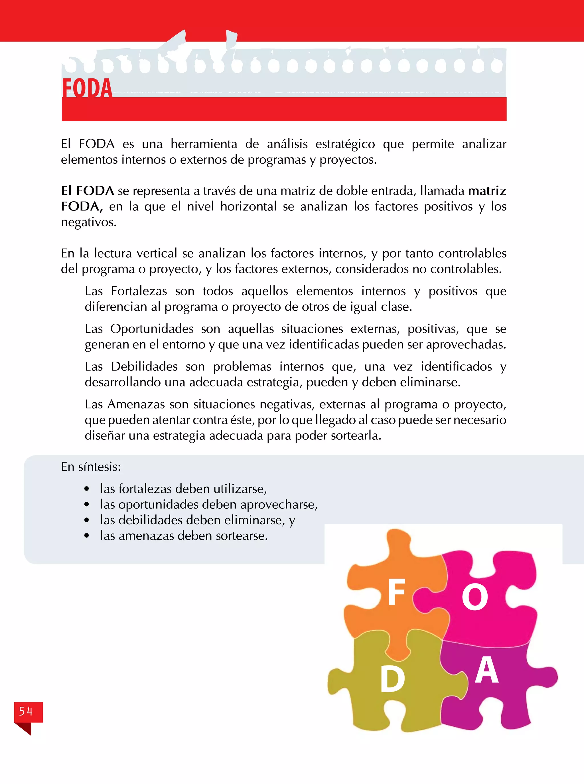 FODA
El FODA es una herramienta de análisis estratégico que permite analizar
elementos internos o externos de programas y proyectos.
El FODA se representa a través de una matriz de doble entrada, llamada matriz
FODA, en la que el nivel horizontal se analizan los factores positivos y los
negativos.
En la lectura vertical se analizan los factores internos, y por tanto controlables
del programa o proyecto, y los factores externos, considerados no controlables.
Las Fortalezas son todos aquellos elementos internos y positivos que
diferencian al programa o proyecto de otros de igual clase.
Las Oportunidades son aquellas situaciones externas, positivas, que se
generan en el entorno y que una vez identificadas pueden ser aprovechadas.
Las Debilidades son problemas internos que, una vez identificados y
desarrollando una adecuada estrategia, pueden y deben eliminarse.
Las Amenazas son situaciones negativas, externas al programa o proyecto,
que pueden atentar contra éste, por lo que llegado al caso puede ser necesario
diseñar una estrategia adecuada para poder sortearla.
En síntesis:
·	
·	
·	
·	

las fortalezas deben utilizarse,
las oportunidades deben aprovecharse,
las debilidades deben eliminarse, y
las amenazas deben sortearse.

F
D
54

O
A

 
