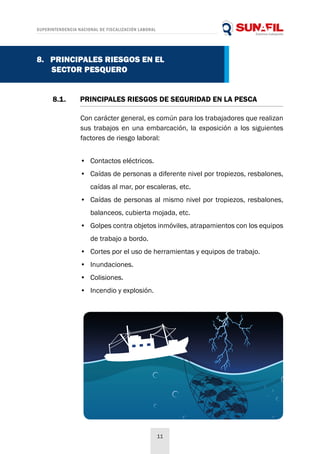 SUPERINTENDENCIA NACIONAL DE FISCALIZACIÓN LABORAL
11
8.1. 	 PRINCIPALES RIESGOS DE SEGURIDAD EN LA PESCA
8. PRINCIPALES RIESGOS EN EL
SECTOR PESQUERO
Con carácter general, es común para los trabajadores que realizan
sus trabajos en una embarcación, la exposición a los siguientes
factores de riesgo laboral:
•	 Contactos eléctricos.
•	 Caídas de personas a diferente nivel por tropiezos, resbalones,
caídas al mar, por escaleras, etc.
•	 Caídas de personas al mismo nivel por tropiezos, resbalones,
balanceos, cubierta mojada, etc.
•	 Golpes contra objetos inmóviles, atrapamientos con los equipos
de trabajo a bordo.
•	 Cortes por el uso de herramientas y equipos de trabajo.
•	 Inundaciones.
•	 Colisiones.
•	 Incendio y explosión.
 