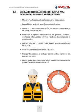 SUPERINTENDENCIA NACIONAL DE FISCALIZACIÓN LABORAL
15
9.2. 	 MEDIDAS DE SEGURIDAD QUE DEBEN CUMPLIR PARA
	 EVITAR CAIDAS AL MISMO O A DIFERENTE NIVEL
•	 Mantenimiento adecuado de las escaleras fijas y reales.
•	 Los peldaños serán de superficies antideslizantes.
•	 Mantener el piso de la embarcación, libre de humedad, residuos
de grasa, lubricantes, etc.
•	 Constatar el óptimo mantenimiento de grilletes, pastecas,
vientos de mástil, cabos, estrobos y cadenas de anclajes de la
embarcación.
•	 Recoger, enrollar y estibar cabos, cables y cadenas después
de su uso.
•	 Instalar barandillas laterales de protección.
•	 Proteger los accesos a bodegas contra caídas. Mantener las
puertas cerradas.
•	 Conservar en buen estado y en número suficiente los salvavidas
para el personal de la embarcación.
 