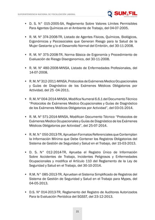 SUPERINTENDENCIA NACIONAL DE FISCALIZACIÓN LABORAL
21
•	 D. S. N° 015-2005-SA, Reglamento Sobre Valores Límites Permisibles
Para Agentes Químicos en el Ambiente de Trabajo, del 04-07-2005.
•	 R. M. Nº 374-2008-TR, Listado de Agentes Físicos, Químicos, Biológicos,
Ergonómicos y Psicosociales que Generan Riesgo para la Salud de la
Mujer Gestante y/o el Desarrollo Normal del Embrión, del 30-11-2008.
•	 R. M. Nº 375-2008-TR, Norma Básica de Ergonomía y Procedimiento de
Evaluación de Riesgo Disergonomico, del 30-11-2008.
•	 R. M. Nº 480-2008-MINSA, Listado de Enfermedades Profesionales, del
14-07-2008.
•	 R.M.Nº312-2011-MINSA,ProtocolosdeExámenesMedicoOcupacionales
y Guías de Diagnóstico de los Exámenes Médicos Obligatorios por
Actividad, del 25 -04-2011.
•	 R. M. Nº 004-2014-MINSA, Modifica Numeral 6.6.1 del Documento Técnico
“Protocolos de Exámenes Medico Ocupacionales y Guías de Diagnóstico
de los Exámenes Médicos Obligatorios por Actividad”, del 03-01-2014.
•	 R. M. Nº 571-2014-MINSA, Modifican Documento Técnico “Protocolos de
Exámenes Medico Ocupacionales y Guías de Diagnóstico de los Exámenes
Médicos Obligatorios por Actividad”, del 25-07-2014.
•	 R. M. N° 050-2013-TR, Aprueban Formatos Referenciales que Contemplan
la Información Mínima que Debe Contener los Registros Obligatorios del
Sistema de Gestión de Seguridad y Salud en el Trabajo, del 15-03-2013.
•	 D. S. N° 012-2014-TR, Aprueba el Registro Único de Información
Sobre Accidentes de Trabajo, Incidentes Peligrosos y Enfermedades
Ocupacionales y modifica el Artículo 110 del Reglamento de la Ley de
Seguridad y Salud en el Trabajo, del 30-10-2014.
•	 R.M. N° 085-2013-TR, Aprueban el Sistema Simplificado de Registros del
Sistema de Gestión de Seguridad y Salud en el Trabajo para Mypes, del
04-05-2013.
•	 D.S. Nº 014-2013-TR, Reglamento del Registro de Auditores Autorizados
Para la Evaluación Periódica del SGSST, del 23-12-2013.
 
