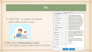 URL
Click "URL" to explore its contents
and to add it to your course.
URL stands for Uniform Resource Locator.


It is the address of a given unique resource on the Web.
 