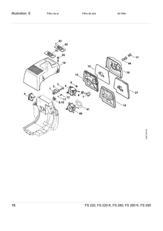 Illustration E
FS 220, FS 220 K, FS 280, FS 280 K, FS 29016
Filtro de ar Filtro de aire Air filter
324ET039SC
9,10
1
2
3
13
15
14
21
16
17
18
20
19
4
6
7
85
11
12
40
41
44
42
43
 