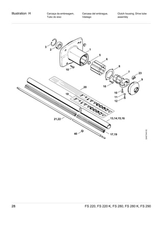 Illustration H
FS 220, FS 220 K, FS 280, FS 280 K, FS 29028
Carcaça da embreagem,
Tubo do eixo
Carcasa del embrague,
Vástago
Clutch housing, Drive tube
assembly
324ET045SC
13,14,15,16
17,19
20
21,22
40
1
5
6
8
7 23
9
12
11
10
10
10
18
2
3
 