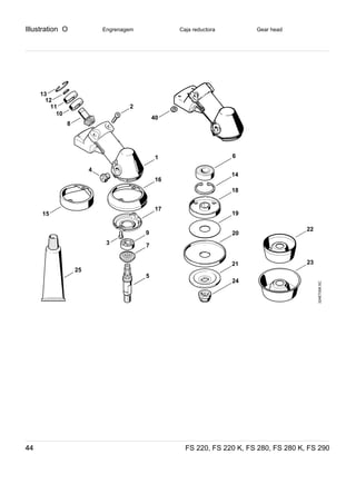 Illustration O
FS 220, FS 220 K, FS 280, FS 280 K, FS 29044
Engrenagem Caja reductora Gear head
324ET006SC
61
4
14
18
17
16
24
20
21
2
8
10
11
12
13
23
22
19
3 7
9
15
40
25
5
 