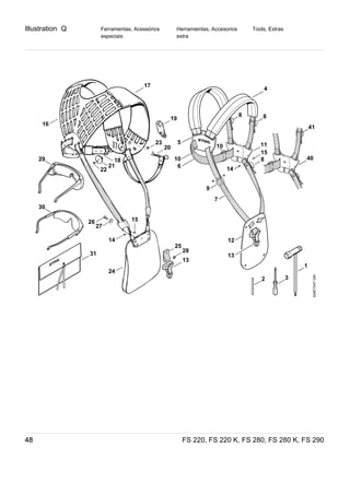 Illustration Q
FS 220, FS 220 K, FS 280, FS 280 K, FS 29048
Ferramentas, Acessórios
especiais
Herramientas, Accesorios
extra
Tools, Extras
1
2 3
4
8
10
17
18
5
6
10
7
12
9
31
29
16
14
15
11
8
8
13
19
20
21
22
23
24
14
15
25
28
13
27
26
41
40
324ET047GM
30
 