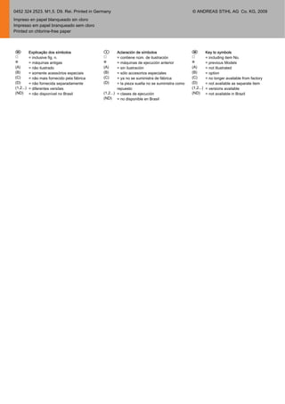 0452 324 2523. M1,5. D9. Rei. Printed in Germany © ANDREAS STIHL AG Co. KG, 2009
Impreso en papel blanqueado sin cloro
Impresso em papel branqueado sem cloro
Printed on chlorine-free paper
b
☐
✼
(A)
(B)
(C)
(D)
(1,2...)
(ND)
Explicação dos símbolos
= inclusive fig. n.
= máquinas antigas
= não ilustrado
= somente acessórios especiais
= não mais fornecido pela fábrica
= não fornecida separadamente
= diferentes versões
= não disponível no Brasil
E
☐
✼
(A)
(B)
(C)
(D)
(1,2...)
(ND)
Aclaración de símbolos
= contiene núm. de ilustración
= máquinas de ejecución anterior
= sin ilustración
= sólo accesorios especiales
= ya no se suministra de fábrica
= la pieza suelta no se suministra como
repuesto
= clases de ejecución
= no disponible en Brasil
G
☐
✼
(A)
(B)
(C)
(D)
(1,2...)
(ND)
Key to symbols
= including item No.
= previous Models
= not illustrated
= option
= no longer available from factory
= not available as separate item
= versions available
= not available in Brazil
 