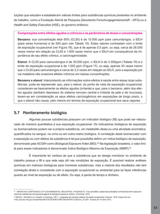 tuições que estudam e estabelecem valores limites para substâncias químicas presentes no ambiente
de trabalho, como a Fundação Alemã de Pesquisa (Deustsche Forschungsgemeinschaft – DFG) ou a
Health and Safety Executive (HSE), do governo britânico.
Comparações entre efeitos agudos e crônicos e os parâmetros de doses e concentrações
Benzeno: sua concentração letal 50% (CL50) é de 13.000 ppm para camundongos, o IDLH
(para seres humanos) é de 500 ppm (ver Tabela 10). Estes valores contrastam com o limite
de exposição ocupacional (ver Figura 16), que é de apenas 0,5 ppm, ou seja, cerca de 26.000
vezes menor em relação ao CL50 e 1.000 vezes menor que o IDLH em consequência da importância de seu efeito crônico, a carcinogenicidade.
Etanol: A CL50 para camundongos é de 30.000 ppm, o IDLH é de 3.300ppm (Tabela 10) e o
limite de exposição ocupacional é de 1.000 ppm (Figura 17), ou seja, apenas 30 vezes menor
que o CL50 para camundongos e cerca de 3,3 vezes em relação ao IDLH, pois a exposição por
via inalatória não ocasiona efeitos crônicos em baixas concentrações.
Benzeno x etanol: Interpretando as informações sobre efeitos à saúde entre essas duas substâncias, pode-se depreender que, para o etanol, do ponto de vista da exposição ocupacional,
consideram-se basicamente os efeitos agudos (irritante) e que, para o benzeno, além dos efeitos agudos (também depressor do sistema nervoso central e irritante da pele e de mucosas),
levam-se em consideração os seus efeitos carcinogênicos em exposições de longo prazo, o
que o etanol não causa, pelo menos em termos de exposição ocupacional aos seus vapores.

5.7 Monitoramento biológico
Algumas poucas substâncias possuem um indicador biológico (IB) que pode ser relacionado de maneira quantitativa à sua exposição ocupacional. Os indicadores biológicos de exposição
ou biomarcadores podem ser a própria substância, um metabólito desta ou uma atividade enzimática,
quantiﬁcados no sangue, na urina ou em outra matriz biológica. A correlação deste biomarcador com
a exposição ou com efeitos da substância é tal que possibilita deﬁnir um índice biológico de exposição,
denominado pela ACGIH como Biological Exposure Índex (BEI).94 Na legislação brasileira, o valor limite para esses indicadores é denominado Índice Biológico Máximo de Exposição (IBMP).95
É importante ter certeza de que a substância que se deseja monitorar no ambiente de
trabalho possua o IB e que este seja útil nas condições de exposição. É possível realizar análises
químicas em matrizes biológicas para inúmeras substâncias, mas a maioria dos resultados não tem
correlação direta e consistente com a exposição ocupacional ou ambiental para se fazer inferências
quanto ao nível de exposição ou de efeito. Ou seja, é perda de tempo e dinheiro.

94

AMERICAN CONFERENCE OF GOVERNMENTAL INDUSTRIAL HYGIENISTS. TLVs and BEIs: based documentation of threshold limit values for
chemical substances and physical agents & biological exposure indices. Cincinnati, 2010.

95
BRASIL. Ministério do Trabalho e Emprego. NR 7 – programa de controle médico de saúde ocupacional. Brasília, 1978. Disponível em:
<http://portal.mte.gov.br/data/ﬁles/8A7C812D308E21660130E0819FC102ED/nr_07.pdf>. Acesso em 10 abril 2012.

53
Manual...SubstQuimicas.indd 53

11/7/2012 13:28:39

 