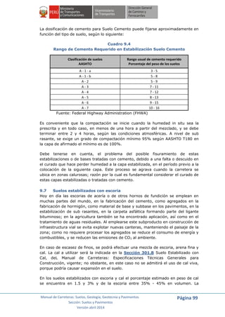 Manual de Carreteras: Suelos, Geología, Geotecnia y Pavimentos
Sección: Suelos y Pavimentos
Versión abril 2014
Página 99
La dosificación de cemento para Suelo Cemento puede fijarse aproximadamente en
función del tipo de suelo, según lo siguiente:
Cuadro 9.4
Rango de Cemento Requerido en Estabilización Suelo Cemento
Clasificación de suelos
AASHTO
Rango usual de cemento requerido
Porcentaje del peso de los suelos
A - 1 - a 3 - 5
A - 1 - b 5 - 8
A - 2 5 - 9
A - 3 7 - 11
A - 4 7 - 12
A - 5 8 - 13
A - 6 9 - 15
A - 7 10 - 16
Fuente: Federal Highway Administration (FHWA)
Es conveniente que la compactación se inicie cuando la humedad in situ sea la
prescrita y en todo caso, en menos de una hora a partir del mezclado, y se debe
terminar entre 2 y 4 horas, según las condiciones atmosféricas. A nivel de sub
rasante, se exige un grado de compactación mínimo 95% según AASHTO T180 en
la capa de afirmado el mínimo es de 100%.
Debe tenerse en cuenta, el problema del posible fisuramiento de estas
estabilizaciones o de bases tratadas con cemento, debido a una falta o descuido en
el curado que hace perder humedad a la capa estabilizada, en el período previo a la
colocación de la siguiente capa. Este proceso se agrava cuando la carretera se
ubica en zonas calurosas; razón por la cual es fundamental considerar el curado de
estas capas estabilizadas o tratadas con cemento.
9.7 Suelos estabilizados con escoria
Hoy en día las escorias de acería o de otros hornos de fundición se emplean en
muchas partes del mundo, en la fabricación del cemento, como agregados en la
fabricación de hormigón, como material de base y subbase en los pavimentos, en la
estabilización de sub rasantes, en la carpeta asfáltica formando parte del ligante
bituminoso; en la agricultura también se ha encontrado aplicación, así como en el
tratamiento de aguas residuales. Al emplearse este subproducto en construcción de
infraestructura vial se evita explotar nuevas canteras, manteniendo el paisaje de la
zona; como no requiere procesar los agregados se reduce el consumo de energía y
combustibles, y se reducen las emisiones de CO2 al ambiente.
En caso de escasez de finos, se podrá efectuar una mezcla de escoria, arena fina y
cal. La cal a utilizar será la indicada en la Sección 301.B Suelo Estabilizado con
Cal, deL Manual de Carreteras: Especificaciones Técnicas Generales para
Construcción, vigente; no obstante, en este caso no se admitirá el uso de cal viva,
porque podría causar expansión en el suelo.
En los suelos estabilizados con escoria y cal el porcentaje estimado en peso de cal
se encuentra en 1.5 y 3% y de la escoria entre 35% - 45% en volumen. La
 