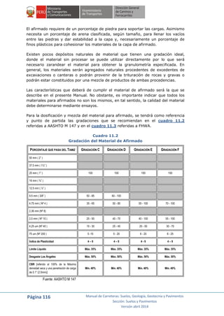 Página 116 Manual de Carreteras: Suelos, Geología, Geotecnia y Pavimentos
Sección: Suelos y Pavimentos
Versión abril 2014
El afirmado requiere de un porcentaje de piedra para soportar las cargas. Asimismo
necesita un porcentaje de arena clasificada, según tamaño, para llenar los vacíos
entre las piedras y dar estabilidad a la capa y, necesariamente un porcentaje de
finos plásticos para cohesionar los materiales de la capa de afirmado.
Existen pocos depósitos naturales de material que tienen una gradación ideal,
donde el material sin procesar se puede utilizar directamente por lo que será
necesario zarandear el material para obtener la granulometría especificada. En
general, los materiales serán agregados naturales procedentes de excedentes de
excavaciones o canteras o podrán provenir de la trituración de rocas y gravas o
podrán estar constituidos por una mezcla de productos de ambas procedencias.
Las características que deberá de cumplir el material de afirmado será la que se
describe en el presente Manual. No obstante, es importante indicar que todos los
materiales para afirmados no son los mismos, en tal sentido, la calidad del material
debe determinarse mediante ensayos.
Para la dosificación y mezcla del material para afirmado, se tendrá como referencia
y punto de partida las gradaciones que se recomiendan en el cuadro 11.2
referidas a AASHTO M 147 y en el cuadro 11.3 referidas a FHWA.
Cuadro 11.2
Gradación del Material de Afirmado
PORCENTAJE QUE PASA DEL TAMIZ GRADACIÓN C GRADACIÓN D GRADACIÓN E GRADACIÓN F
50 mm ( 2” )
37.5 mm ( 1½” )
25 mm ( 1” ) 100 100 100 100
19 mm ( ¾” )
12.5 mm ( ½” )
9.5 mm ( 3/8” ) 50 - 85 60 - 100
4.75 mm ( Nº 4 ) 35 - 65 50 - 85 55 - 100 70 - 100
2.36 mm (Nº 8)
2.0 mm ( Nº 10 ) 25 - 50 40 - 70 40 - 100 55 - 100
4.25 um (Nº 40 ) 15 - 30 25 - 45 20 - 50 30 - 70
75 um (Nº 200 ) 5 -15 5 - 20 6 - 20 8 - 25
Índice de Plasticidad 4 – 9 4 – 9 4 - 9 4 – 9
Límite Líquido Máx. 35% Máx. 35% Máx. 35% Máx. 35%
Desgaste Los Ángeles Máx. 50% Máx. 50% Máx. 50% Máx. 50%
CBR [referido al 100% de la Máxima
densidad seca y una penetración de carga
de 0.1” (2.5mm)]
Mín. 40% Mín. 40% Mín. 40% Mín. 40%
Fuente: AASHTO M 147
 