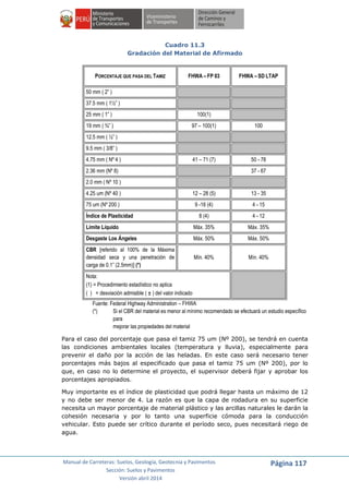 Manual de Carreteras: Suelos, Geología, Geotecnia y Pavimentos
Sección: Suelos y Pavimentos
Versión abril 2014
Página 117
Cuadro 11.3
Gradación del Material de Afirmado
PORCENTAJE QUE PASA DEL TAMIZ FHWA – FP 03 FHWA – SD LTAP
50 mm ( 2” )
37.5 mm ( 1½” )
25 mm ( 1” ) 100(1)
19 mm ( ¾” ) 97 – 100(1) 100
12.5 mm ( ½” )
9.5 mm ( 3/8” )
4.75 mm ( Nº 4 ) 41 – 71 (7) 50 - 78
2.36 mm (Nº 8) 37 - 67
2.0 mm ( Nº 10 )
4.25 um (Nº 40 ) 12 – 28 (5) 13 - 35
75 um (Nº 200 ) 9 -16 (4) 4 - 15
Índice de Plasticidad 8 (4) 4 - 12
Límite Líquido Máx. 35% Máx. 35%
Desgaste Los Ángeles Máx. 50% Máx. 50%
CBR [referido al 100% de la Máxima
densidad seca y una penetración de
carga de 0.1” (2.5mm)] (*)
Mín. 40% Mín. 40%
Nota:
(1) = Procedimiento estadístico no aplica
( ) = desviación admisible ( ± ) del valor indicado
Fuente: Federal Highway Administration – FHWA
(*) Si el CBR del material es menor al mínimo recomendado se efectuará un estudio específico
para
mejorar las propiedades del material
Para el caso del porcentaje que pasa el tamiz 75 um (Nº 200), se tendrá en cuenta
las condiciones ambientales locales (temperatura y lluvia), especialmente para
prevenir el daño por la acción de las heladas. En este caso será necesario tener
porcentajes más bajos al especificado que pasa el tamiz 75 um (Nº 200), por lo
que, en caso no lo determine el proyecto, el supervisor deberá fijar y aprobar los
porcentajes apropiados.
Muy importante es el índice de plasticidad que podrá llegar hasta un máximo de 12
y no debe ser menor de 4. La razón es que la capa de rodadura en su superficie
necesita un mayor porcentaje de material plástico y las arcillas naturales le darán la
cohesión necesaria y por lo tanto una superficie cómoda para la conducción
vehicular. Esto puede ser crítico durante el período seco, pues necesitará riego de
agua.
 