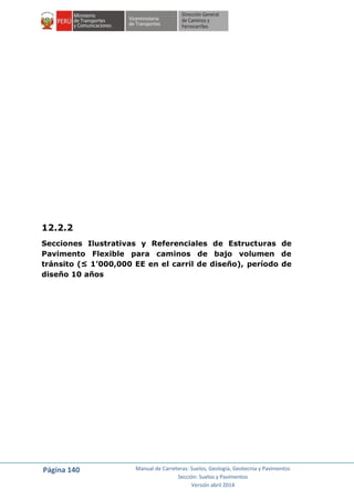 Página 140 Manual de Carreteras: Suelos, Geología, Geotecnia y Pavimentos
Sección: Suelos y Pavimentos
Versión abril 2014
12.2.2
Secciones Ilustrativas y Referenciales de Estructuras de
Pavimento Flexible para caminos de bajo volumen de
tránsito (≤ 1’000,000 EE en el carril de diseño), período de
diseño 10 años
 