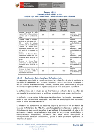 Manual de Carreteras: Suelos, Geología, Geotecnia y Pavimentos
Sección: Suelos y Pavimentos
Versión abril 2014
Página 159
Cuadro 12.21
Rugosidad Inicial IRI m/km
Según Tipo de Carretera con Carpeta Asfáltica en Caliente
Tipo de Carretera
Rugosidad
Característica
Inicial
Pavimento
Nuevo
IRI (m/km)
Rugosidad
Característica
Inicial
Pavimento
Reforzado
IRI (m/km)
Rugosidad
Característica
Durante el
Período de
Servicio
IRI (m/km)
Observación
Autopistas: carreteras de IMDA
mayor de 6000 veh/día, de calzadas
separadas, cada una con dos o más
carriles
2.00 2.50 3.50
Rugosidad
característica, para
una Confiabilidad de
95%
Carreteras Duales o Multicarril:
carreteras de IMDA entre 6000 y
4001 veh/dia, de calzadas
separadas, cada una con dos o más
carriles
2.00 2.50 3.50
Rugosidad
característica, para
una Confiabilidad de
95%
Carreteras de Primera Clase:
carreteras con un IMDA entre 4000-
2001 veh/día, de una calzada de dos
carriles.
2.50 3.00 4.00
Rugosidad
característica, para
una Confiabilidad de
95%
Carreteras de Segunda Clase:
carreteras con un IMDA entre 2000-
401 veh/día, de una calzada de dos
carriles.
2.50 3.00 4.00
Rugosidad
característica, para
una Confiabilidad de
90%
Carreteras de Tercera Clase:
carreteras con un IMDA entre 400-
201 veh/día, de una calzada de dos
carriles.
3.00 3.50 4.50
Rugosidad
característica, para
una Confiabilidad de
90%
Carreteras de Bajo Volumen de
Tránsito: carreteras con un IMDA ≤
200 veh/día, de una calzada.
3.00 3.50 4.50
Rugosidad
característica, para
una Confiabilidad de
85%
12.4.6 Evaluación Estructural por Deflectometría
La evaluación superficial se complementa con la evaluación estructural mediante la
medición de deflexiones con equipos. Asimismo, en muchos casos es necesario
recurrir también a la realización de calicatas, sondeos, toma de muestras y ensayos
de laboratorio para verificar las hipótesis deducidas de la evaluación superficial.
La deflectometría es el estudio de las deformaciones verticales de la superficie de
una calzada, a consecuencia de la acción de una determinada carga o solicitación.
La deflexión es una medida de la respuesta del conjunto “pavimento – sub rasante”
frente a una determinada solicitación, indicando la adecuabilidad del pavimento
desde el punto de vista estructural.
La medición de deflexiones se efectuará según lo especificado en el Manual de
Ensayos de Materiales del MTC. Una vez efectuadas las mediciones se elaborará un
deflectograma, que permitirá analizar la variabilidad de la capacidad estructural del
pavimento existente, para finalmente determinar los sectores de características o
comportamiento homogéneo, definiendo para cada sector homogéneo la
correspondiente deflexión característica, que es el valor que mejor representa un
determinado sector.
 