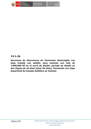 Página 178 Manual de Carreteras: Suelos, Geología, Geotecnia y Pavimentos
Sección: Suelos y Pavimentos
Versión abril 2014
13.1.2b
Secciones de Estructuras de Pavimento Semirrígido con
base tratada con asfalto, para caminos con más de
1’000,000 EE en el carril de diseño, período de diseño en
dos etapas de 10 años (total 20 años). Pavimento con Capa
Superficial de Carpeta Asfáltica en Caliente
 