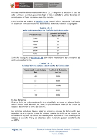 Página 236 Manual de Carreteras: Suelos, Geología, Geotecnia y Pavimentos
Sección: Suelos y Pavimentos
Versión abril 2014
Una vez obtenido el movimiento entre losas (∆L), y eligiendo el ancho de la caja de
sello (6mm por ejemplo), podemos elegir el tipo de sellador a utilizar teniendo en
consideración el % de elongación que debe cumplir.
A continuación se muestra el Cuadro 14.14 referencial con valores de Coeficiente
de expansión térmica del concreto dependiendo de la naturaleza de su agregado:
Cuadro 14.14
Valores Referenciales de Coeficiente de Expansión
TIPOS DE AGREGADOS
COEFICIENTE DE EXPANSIÓN
TÉRMICA 10^ -6 / °C
Cuarzo 3.7
Arenisca 3.6
Grava 3.3
Granito 2.9
Basalto 2.7
Caliza 2.1
Asimismo se adjunta el Cuadro 14.15 con valores referenciales de Coeficientes de
contracción del concreto.
Cuadro 14.15
Valores Referenciales de Coeficiente de Contracción
Resistencia a la tracción indirecta,
Mpa
Coeficiente de Contracción,
mm / mm
< 2.1 0.0008
2.8 0.0006
3.5 0.00045
4.2 0.0003
> 4.9 0.0002
Factor de forma
El factor de forma es la relación entre la profundidad y ancho de un sellador líquido
vertido en una junta. El ancho del corte y la profundidad de inserción del cordón de
respaldo determinan la forma del sellador.
Los distintos selladores líquidos soportan diferentes niveles de deformación que
dependen de la elongación propia del sellador y del factor de forma. La mayoría de
los selladores líquidos de vertido en caliente puede soportar un 20% de elongación
respecto a su ancho final y las siliconas y otros materiales pueden soportar hasta
un 100%.
 