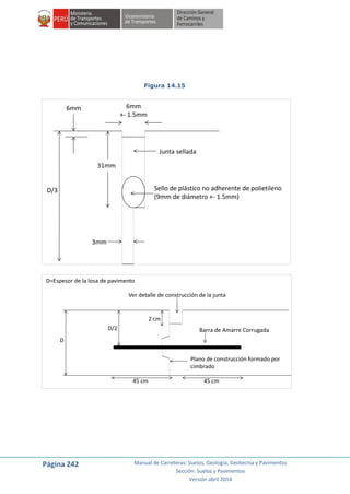 Página 242 Manual de Carreteras: Suelos, Geología, Geotecnia y Pavimentos
Sección: Suelos y Pavimentos
Versión abril 2014
Figura 14.15
D/3
6mm 6mm
+- 1.5mm
Junta sellada
Sello de plástico no adherente de polietileno
(9mm de diámetro +- 1.5mm)
3mm
31mm
D
2 cm
D/2
Ver detalle de construcción de la junta
Barra de Amarre Corrugada
45 cm 45 cm
D=Espesor de la losa de pavimento
Plano de construcción formado por
cimbrado
 