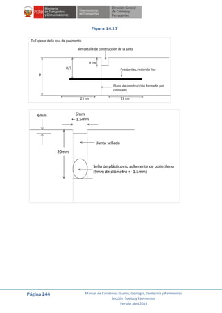 Página 244 Manual de Carreteras: Suelos, Geología, Geotecnia y Pavimentos
Sección: Suelos y Pavimentos
Versión abril 2014
Figura 14.17
D
3 cm
D/2
Ver detalle de construcción de la junta
Pasajuntas, redondo liso
23 cm 23 cm
D=Espesor de la losa de pavimento
Plano de construcción formado por
cimbrado
6mm 6mm
+- 1.5mm
Junta sellada
Sello de plástico no adherente de polietileno
(9mm de diámetro +- 1.5mm)
20mm
 