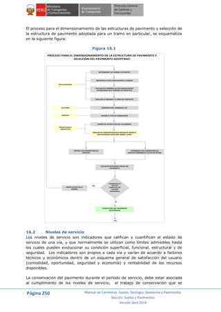 Página 250 Manual de Carreteras: Suelos, Geología, Geotecnia y Pavimentos
Sección: Suelos y Pavimentos
Versión abril 2014
El proceso para el dimensionamiento de las estructuras de pavimento y selección de
la estructura de pavimento adoptada para un tramo en particular, se esquematiza
en la siguiente figura:
Figura 16.1
16.2 Niveles de servicio
Los niveles de servicio son indicadores que califican y cuantifican el estado de
servicio de una vía, y que normalmente se utilizan como límites admisibles hasta
los cuales pueden evolucionar su condición superficial, funcional, estructural y de
seguridad. Los indicadores son propios a cada vía y varían de acuerdo a factores
técnicos y económicos dentro de un esquema general de satisfacción del usuario
(comodidad, oportunidad, seguridad y economía) y rentabilidad de los recursos
disponibles.
La conservación del pavimento durante el período de servicio, debe estar asociada
al cumplimiento de los niveles de servicio, el trabajo de conservación que se
PROCESO PARA EL DIMENSIONAMIENTO DE LA ESTRUCTURA DE PAVIMENTO Y
SELECCIÓN DEL PAVIMENTO ADOPTADO
DETERMINAR LAS CARGAS ACTUANTES
REDUCIRLO A EJES EQUIVALENTES O CARGAS
DISEÑO DE ESTRUCTURA DEL PAVIMENTO
DEFINIR EL TIPO DE SUBRASANTE
TEMPERATURA, HUMEDAD, ETC
EVALUAR LA PRESIÓN Y EL ÁREA DE CONTACTO
CALCULAR EL NÚMERO DE EJES EQUIVALENTES
ACUMULADO EN EL PERIODO DE PROYECTO
ANÁLISIS DE COMPORTAMIENTO MEDIANTE MODELO
SELECCIONADO (HDM-PRD, HDM4 u OTRO
SOLICITACIONES
FACTORES
SOPORTE
ESTRUCTURA A
PROYECTAR
DEFINIR LOS PARÁMETROS DE
SERVICIO
DTERMINAR LOS PARÁMETROS DE
SERVICIO ADMISIBLES O LEYES DE FATIGA
CALCULAR DETERIORO ANUAL DEL
PAVIMENTO
HACER AJUSTE EN EL
DISEÑO
ESTRUCTURA DEL PAVIMENTO
SELECIONADA
PARÁMETROS DE
SERVICIO
CUMPLEN LOS
VALORES
ADMISIBLES
cump
FIN
SI
NO
 