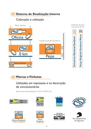 Sistema de Sinalização Interna
 Colocação e utilização
Placas suspensas                                                  Protetores de graxa
                                                                  para portas de aço




                                 Fixação em paredes (bandeiras)




 Marcas e Vinhetas

 Utilizadas em impressos e na decoração
 de concessionárias
 Estas marcas estão disponíveis no CD em CDR ou AI.




                                          33
 