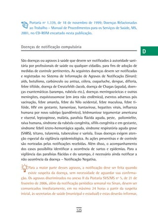 Portaria nº 1.339, de 18 de novembro de 1999; Doenças Relacionadas             a
     ao Trabalho – Manual de Procedimentos para os Serviços de Saúde, MS,
2001, no CD-ROM encartado nesta publicação.                                         B
                                                                                    C
doenças de notificação compulsória
                                                                                    d
São doenças ou agravos à saúde que devem ser notificados à autoridade sani-         e
tária por profissionais de saúde ou qualquer cidadão, para fins de adoção de
medidas de controle pertinentes. As seguintes doenças devem ser notificadas         F
e registradas no Sistema de Informação de Agravos de Notificação (Sinan):
aids, botulismo, carbúnculo ou antraz, cólera, coqueluche, dengue, difteria,        G
febre tifóide, doença de Creutzfeldt-Jacob, doença de Chagas (aguda), doen-
ças exantemáticas (sarampo, rubéola etc.), doenças meningocócicas e outras          H
meningites, esquistossomose (em área não endêmica), eventos adversos pós
vacinação, febre amarela, febre do Nilo ocidental, febre maculosa, febre ti-        i
fóide, HIV em gestante, hanseníase, hantavirose, hepatites virais, influenza
humana por novo subtipo (pandêmico), leishmaniose tegumentar americana              L
e visceral, leptospirose, malária, paralisia flácida aguda, peste, poliomielite,
raiva humana, síndrome da rubéola congênita, sífilis congênita e em gestante,       M
síndrome febril ictero-hemorrágica aguda, síndrome respiratória aguda grave
(SARS), tétano, tularemia, tuberculose e varíola. Essas doenças exigem aten-        n-o
ção especial da vigilância epidemiológica. As ações preventivas e de controle
são norteadas pelas notificações recebidas. Além disso, o acompanhamento            P
dos casos possibilita identificar a ocorrência de surtos e epidemias. Para a
vigilância das paralisias flácidas e do sarampo, é necessário ainda notificar a
                                                                                    Q
não ocorrência da doença – Notificação Negativa.
                                                                                    r
      Para a maior parte desses agravos, a notificação deve ser feita quando
     existe suspeita da doença, sem necessidade de aguardar sua confirma-           s
ção. Os agravos discriminados no anexo II da Portaria SVS/MS nº 5, de 21 de
fevereiro de 2006, além da notificação periódica semanal no Sinan, devem ser        t
comunicados imediatamente, em no máximo 24 horas a partir da suspeita
inicial, às secretarias de saúde (municipal e estadual) e estas deverão informar,   U
                                                                                    V-Z
                                      125
 