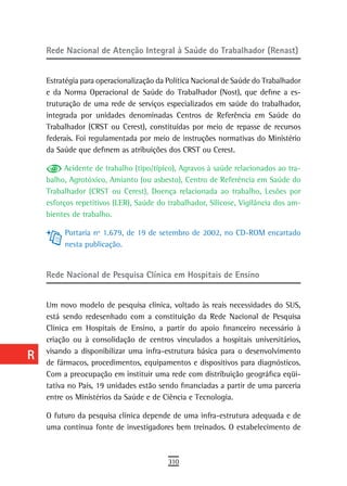 a    rede Nacional de Atenção Integral à Saúde do Trabalhador (Renast)

  B
      Estratégia para operacionalização da Política Nacional de Saúde do Trabalhador
  C   e da Norma Operacional de Saúde do Trabalhador (Nost), que define a es-
      truturação de uma rede de serviços especializados em saúde do trabalhador,
  d   integrada por unidades denominadas Centros de Referência em Saúde do
      Trabalhador (CRST ou Cerest), constituídas por meio de repasse de recursos
  e   federais. Foi regulamentada por meio de instruções normativas do Ministério
      da Saúde que definem as atribuições dos CRST ou Cerest.
  F
            Acidente de trabalho (tipo/típico), Agravos à saúde relacionados ao tra-
 G    balho, Agrotóxico, Amianto (ou asbesto), Centro de Referência em Saúde do
      Trabalhador (CRST ou Cerest), Doença relacionada ao trabalho, Lesões por
 H    esforços repetitivos (LER), Saúde do trabalhador, Silicose, Vigilância dos am-
      bientes de trabalho.
  i
           Portaria nº 1.679, de 19 de setembro de 2002, no CD-ROM encartado
  L        nesta publicação.

 M    rede nacional de Pesquisa Clínica em Hospitais de ensino
n-o
      Um novo modelo de pesquisa clínica, voltado às reais necessidades do SUS,
  P   está sendo redesenhado com a constituição da Rede Nacional de Pesquisa
      Clínica em Hospitais de Ensino, a partir do apoio financeiro necessário à
 Q    criação ou à consolidação de centros vinculados a hospitais universitários,
      visando a disponibilizar uma infra-estrutura básica para o desenvolvimento
  r   de fármacos, procedimentos, equipamentos e dispositivos para diagnósticos.
  s   Com a preocupação em instituir uma rede com distribuição geográfica eqüi-
      tativa no País, 19 unidades estão sendo financiadas a partir de uma parceria
  t   entre os Ministérios da Saúde e de Ciência e Tecnologia.

      O futuro da pesquisa clínica depende de uma infra-estrutura adequada e de
 U    uma contínua fonte de investigadores bem treinados. O estabelecimento de

V-Z
                                           310
 