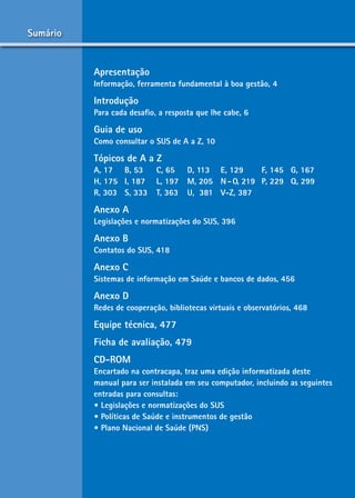 sumário


          apresentação
          informação, ferramenta fundamental à boa gestão, 4

          introdução
          Para cada desafio, a resposta que lhe cabe, 6

          Guia de uso
          Como consultar o sUs de a a Z, 10

          tópicos de a a Z
          a, 17 B, 53       C, 65    d, 113 e, 129     F, 145 G, 167
          H, 175 i, 187     L, 197   M, 205 n - o, 219 P, 229 Q, 299
          r, 303 s, 333     t, 363   U, 381 V-Z, 387

          anexo a
          Legislações e normatizações do sUs, 396

          anexo B
          Contatos do sUs, 418

          anexo C
          sistemas de informação em saúde e bancos de dados, 456

          anexo d
          redes de cooperação, bibliotecas virtuais e observatórios, 468

          equipe técnica, 477
          Ficha de avaliação, 479
          Cd-roM
          encartado na contracapa, traz uma edição informatizada deste
          manual para ser instalada em seu computador, incluindo as seguintes
          entradas para consultas:
          • Legislações e normatizações do SUS
          • Políticas de Saúde e instrumentos de gestão
          • Plano Nacional de Saúde (PNS)
 