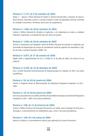Portaria nº 1.777, de 9 de setembro de 2003
Artigo 1º – Aprova o Plano Nacional de Saúde no Sistema Penitenciário, constante do Anexo I
desta Portaria, destinado a prover a atenção integral à saúde da população prisional confinada
em unidades masculinas e femininas, bem como nas psiquiátricas.


Portaria nº 1.863, de 29 de setembro de 2003
Institui a Política Nacional de Atenção às Urgências, a ser implantada em todas as unidades
federadas, respeitadas as competências das três esferas de gestão.


Portaria nº 1.864, de 29 de setembro de 2003
Institui o componente pré-hospitalar móvel da Política Nacional de Atenção às Urgências, por
intermédio da implantação de serviços de atendimento móvel de urgência em municípios e regi-
ões de todo o território brasileiro: SAMU-192.


Portaria nº 2.077, de 31 de outubro de 2003
Dispõe sobre a regulamentação da Lei nº 10.708, de 31 de julho de 2003, nos termos de seu
artigo 8º.


Portaria nº 2.430, de 23 de dezembro de 2003
Cria o Comitê Nacional Interinstitucional de Desprecarização do Trabalho no SUS e dá outras
providências.


Portaria nº 52, de 20 de janeiro de 2004
Institui o Programa Anual de Reestruturação da Assistência Psiquiátrica Hospitalar no SUS –
2004.


Portaria nº 53, de 20 de janeiro de 2004
Cria novos procedimentos no âmbito do Plano Anual de Reestruturação da Assistência Psiquiátrica
Hospitalar no SUS – 2004 e dá outras providências.


Portaria nº 198, de 13 de fevereiro de 2004
Institui a Política Nacional de Educação Permanente em Saúde como estratégia do SUS para a
formação e o desenvolvimento de trabalhadores para o setor e dá outras providências.


Portaria nº 106, de 4 de março de 2004
Aprova os critérios e os procedimentos básicos para aplicação de recursos financeiros.



                                              406
 
