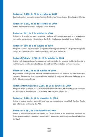 Portaria nº 2.068, de 24 de setembro de 2004
Destina incentivo financeiro para os Serviços Residenciais Terapêuticos e dá outras providências.


Portaria nº 2.073, de 28 de setembro de 2004
Institui a Política Nacional de Atenção à Saúde Auditiva.


Portaria nº 587, de 7 de outubro de 2004
Artigo 1º – Determina que as secretarias de estado da saúde dos estados adotem as providências
necessárias à organização e implantação das Redes Estaduais de Atenção à Saúde Auditiva.


Portaria nº 589, de 8 de outubro de 2004
Artigo 1º – Exclui a classificação de código 083 (reabilitação auditiva), do serviço/classificação de
código 018 (reabilitação), da tabela de serviço/classificação do SIA/SUS.


Portaria MS/GM nº 2.246, de 18 de outubro de 2004
Institui e divulga orientações básicas para a implementação das ações de vigilância alimentar e
nutricional, no âmbito das ações básicas de saúde do SUS, em todo o território nacional.


Portaria nº 2.352, de 26 de outubro de 2004
Regulamenta a alocação dos recursos financeiros destinados ao processo de contratualização
constante do programa de reestruturação dos hospitais de ensino do Ministério da Educação no
SUS e dá outras providências.


Portaria interministerial nº 2.355, de 26 de outubro de 2004
Artigo 1º– Altera os artigos 4º e 5º da Portaria Interministerial MEC/MS nº 1.005/2004, publicada
no Diário Oficial da União, em 31 de maio de 2004, seção 1, página 55.


Portaria nº 2.474, de 12 de novembro de 2004
Institui o repasse regular e automático de recursos financeiros na modalidade fundo a fundo,
para a formação profissional dos ACS.


Portaria nº 2.587, de 6 de dezembro de 2004
Institui o incentivo financeiro aos estados, ao Distrito Federal e aos municípios, destinado ao
financiamento das ações voltadas à implantação e à manutenção do Programa Farmácia Popular
do Brasil.




                                                410
 