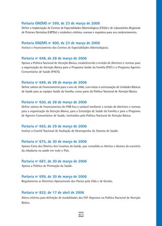 Portaria GM/Ms nº 599, de 23 de março de 2006
Define a implantação de Centros de Especialidades Odontológicas (CEOs) e de Laboratórios Regionais
de Próteses Dentárias (LRPDs) e estabelece critérios, normas e requisitos para seu credenciamento.


Portaria GM/MS nº 600, de 23 de março de 2006
Institui o financiamento dos Centros de Especialidades Odontológicas.


Portaria nº 648, de 28 de março de 2006
Aprova a Política Nacional de Atenção Básica, estabelecendo a revisão de diretrizes e normas para
a organização da Atenção Básica para o Programa Saúde da Família (PSF) e o Programa Agentes
Comunitários de Saúde (PACS).


Portaria nº 649, de 28 de março de 2006
Define valores de financiamento para o ano de 2006, com vistas à estruturação de Unidades Básicas
de Saúde para as equipes Saúde da Família, como parte da Política Nacional de Atenção Básica.


Portaria nº 650, de 28 de março de 2006
Define valores de financiamento do PAB fixo e variável mediante a revisão de diretrizes e normas
para a organização da Atenção Básica, para a Estratégia de Saúde da Família e para o Programa
de Agentes Comunitários de Saúde, instituídos pela Política Nacional de Atenção Básica.


Portaria nº 665, de 29 de março de 2006
Institui o Comitê Nacional de Avaliação de Desempenho do Sistema de Saúde.


Portaria nº 675, de 30 de março de 2006
Aprova Carta dos Direitos dos Usuários da Saúde, que consolida os direitos e deveres do exercício
da cidadania na saúde em todo o País.


Portaria nº 687, de 30 de março de 2006
Aprova a Política de Promoção da Saúde.


Portaria nº 699, de 30 de março de 2006
Regulamenta as Diretrizes Operacionais dos Pactos pela Vida e de Gestão.


Portaria nº 822, de 17 de abril de 2006
Altera critérios para definição de modalidades das ESF dispostos na Política Nacional de Atenção
Básica.



                                              413
 
