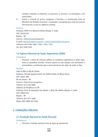 sanitária, incluindo os ambientes, os processos, os insumos e as tecnologias a eles
         relacionados.
  II   - Exercer o controle de portos, aeroportos e fronteiras e a interlocução junto ao
         Ministério das Relações Exteriores e instituições estrangeiras para tratar de assuntos
         internacionais na área de vigilância sanitária.
  Contatos
  Endereço: SEPN 515, Bloco B, Edifício Ômega, 5º andar
  CEP: 70770-502
  Brasília – DF
  Internet: <http://www.anvisa.gov.br>
  E-mails: presidencia@anvisa.gov.br e apoio.presidencia@anvisa.gov.br
  Telefones: (61) 3448-1009 / 1026 / 3176 / 3177
  Fax: (61) 3448-1028


  1.2 Agência Nacional de Saúde Suplementar (ANS)
  Competência
  I  - Promover a defesa do interesse público na assistência suplementar à saúde, regu-
        lando as operadoras setoriais, inclusive quanto às suas relações com prestadores e
        consumidores, contribuindo para o desenvolvimento das ações de saúde no País.
  Contatos
  Sede da ANS no Rio de Janeiro
  Endereço: Avenida Augusto Severo, 84, Edifício Barão de Mauá, Glória
  CEP: 20021-040
  Rio de Janeiro – RJ
  Internet: <http://www.ans.gov.br>
  Telefone: (21) 2105-0000
  Gabinete da Presidência no DF
  Endereço: Setor de Autarquias Sul, Quadra 1, Bloco M, Edifício Libertas, 7º andar
  CEP: 70070-935
  Brasília – DF
  Telefone: (61) 3213-3000
  Disque ANS: 0800-701-9656




2. FUndaÇÕes PúBLiCas

  2.1 Fundação Nacional de Saúde (Funasa)
  Competências
  I  - Promover a inclusão social por meio de ações de saneamento.


                                            445
 