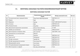 Turbo T-40
ООО «ХАРВИ РУС» 105118, ш. Энтузиастов д. 34, БЦ "Стримлайн Плаза", офис В-1-2
www.harvey-rus.ru Тел. 7 (800) 500-27-83, 7 (495) 120-17-42 email: support@harvey-rus.ru
2323
11. ПЕРЕЧЕНЬ ЗАПАСНЫХ ЧАСТЕЙ И ПОКОМПОНЕНТНЫЙ ЧЕРТЁЖ
ПЕРЕЧЕНЬ ЗАПАСНЫХ ЧАСТЕЙ
№ Наименование Наименование на английском
языке
Номер запасной части Кол-во
001 Установочныи винт переднеи бабки Head Stock Adjusting Spindle HWT40-01-19 1
002 Шарик Ball SФ8 1
003 Пружина Spring GB/T 2089 d0.8-D7-n6-H016 1
004 Станина Bed HWT40-01-01 1
005 Упорныи палец Stop Rod HWT40-01-09 1
006 Бронзовыи подшипник скольжения Bronze Sleeve Bearing 37-305 1
007 Шаиба для натяжения Tension Washer HW616-04-07 2
008 Шестигранная стопорная гайка Hex Lock Nut GB/T 889.1 M12 4
009 Руководство по эксплуатации Manual 1
010 Молоток Hammer HWT40-01-45 1
011 Ключ на 50 50 Spanner HWT40-01-52 1
012 Штифт шпинделя Spindle Pin HWT50-01-55 1
013 Штифт вращающегося центра Live Center Pin HWT50-01-42 1
014 Вращающиися центр Live Center HWT50-01-41 1
015 Четырехзубцовыи поводковыи патрон Spur Center HWT50-01-40 1
016 Шестигранник со сферои Hex Key with Ball Head 3 мм 1
 