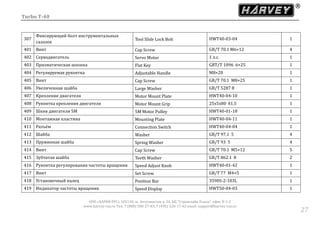 Turbo T-40
ООО «ХАРВИ РУС» 105118, ш. Энтузиастов д. 34, БЦ "Стримлайн Плаза", офис В-1-2
www.harvey-rus.ru Тел. 7 (800) 500-27-83, 7 (495) 120-17-42 email: support@harvey-rus.ru
2727
307
Фиксирующии болт инструментальных
салазок
Tool Slide Lock Bolt HWT40-03-04 1
401 Винт Cap Screw GB/T 70.1 M6×12 4
402 Серводвигатель Servo Motor 1 л.с. 1
403 Призматическая шпонка Flat Key GBT/T 1096 6×25 1
404 Регулируемая рукоятка Adjustable Handle M8×20 1
405 Винт Cap Screw GB/T 70.1 M8×25 1
406 Увеличенная шаиба Large Washer GB/T 5287 8 1
407 Крепление двигателя Motor Mount Plate HWT40-04-10 1
408 Рукоятка крепления двигателя Motor Mount Grip 25x5x80 δ1.5 1
409 Шкив двигателя 5M 5M Motor Pulley HWT40-01-18 1
410 Монтажная пластина Mounting Plate HWT40-04-11 1
411 Разъем Connection Switch HWT40-04-04 1
412 Шаиба Washer GB/T 97.1 5 4
413 Пружинная шаиба Spring Washer GB/T 93 5 4
414 Винт Cap Screw GB/T 70.1 M5×12 5
415 Зубчатая шаиба Teeth Washer GB/T 862.1 8 2
416 Рукоятка регулирования частоты вращения Speed Adjust Knob HWT40-01-42 1
417 Винт Set Screw GB/T 77 M4×5 1
418 Установочныи палец Position Bar 3590S-2-103L 1
419 Индикатор частоты вращения Speed Display HWT50-04-03 1
 