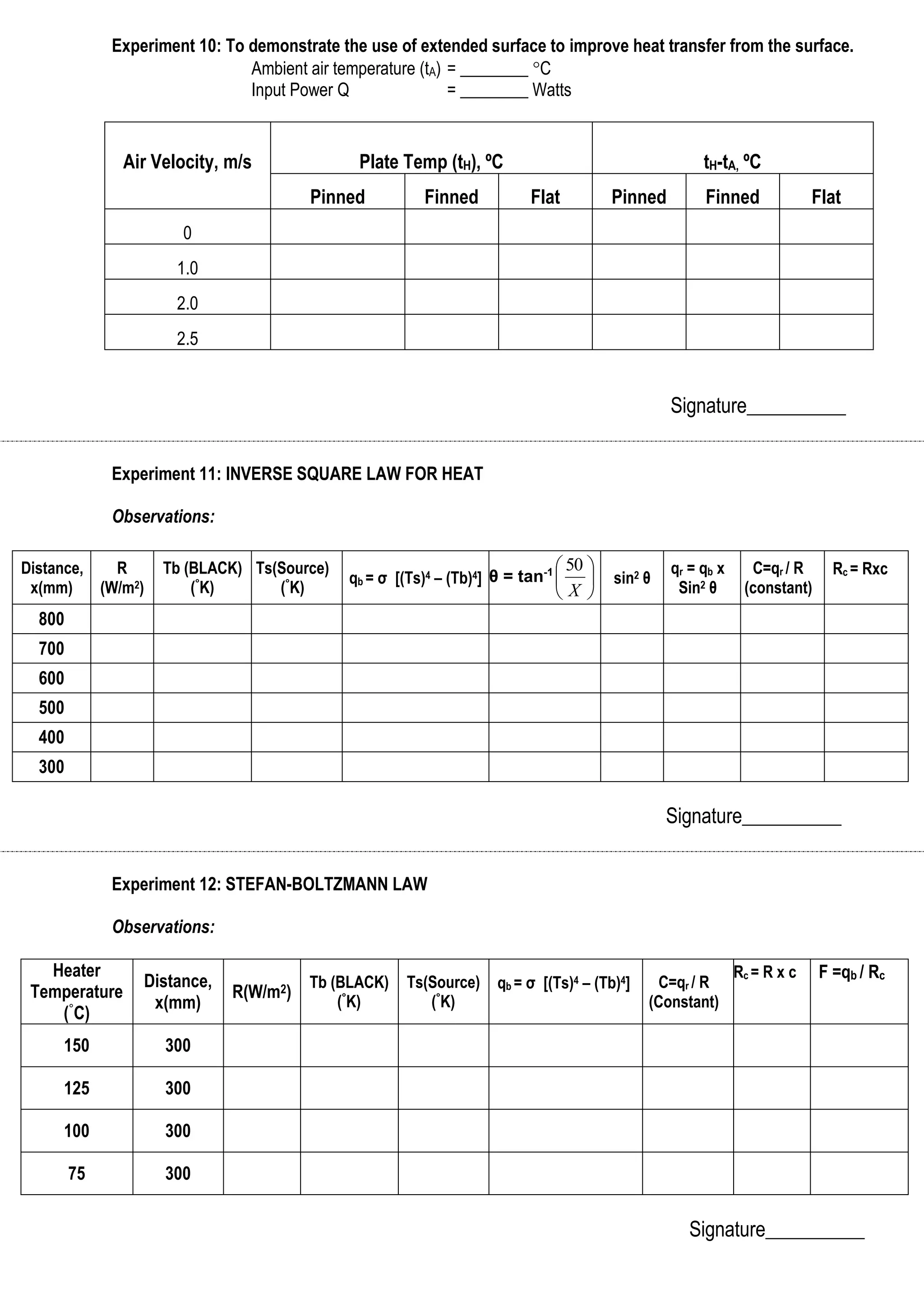 Experiment 10: To demonstrate the use of extended surface to improve heat transfer from the surface. 
Ambient air temperature (tA) = ________ C 
Input Power Q = ________ Watts 
Air Velocity, m/s Plate Temp (tH), ºC tH-tA, ºC 
Pinned Finned Flat Pinned Finned Flat 
0 
1.0 
2.0 
2.5 
Signature__________ 
Experiment 11: INVERSE SQUARE LAW FOR HEAT 
Observations: 
Signature__________ 
Experiment 12: STEFAN-BOLTZMANN LAW 
Observations: 
Heater 
Temperature 
(°C) 
Distance, 
x(mm) 
R(W/m2) 
Tb (BLACK) 
(°K) 
Ts(Source) 
(°K) 
 
 
X 
qb = σ [(Ts)4 – (Tb)4] C=qr / R 
(Constant) 
Rc = R x c 
F =qb / Rc 
150 300 
125 300 
100 300 
75 300 
Signature__________ 
Distance, 
x(mm) 
R 
(W/m2) 
Tb (BLACK) 
(°K) 
Ts(Source) 
(°K) 
qb = σ [(Ts)4 – (Tb)4] θ = tan-1  
 
 
 
50 
sin2 θ 
qr = qb x 
Sin2 θ 
C=qr / R 
(constant) 
Rc = Rxc 
800 
700 
600 
500 
400 
300 
 