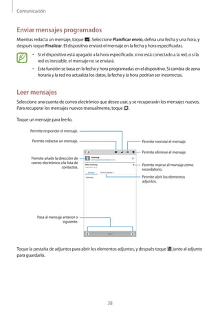 Comunicación
38
Enviar mensajes programados
Mientras redacta un mensaje, toque . Seleccione Planificar envío, defina una fecha y una hora, y
después toque Finalizar. El dispositivo enviará el mensaje en la fecha y hora especificadas.
• 	Si el dispositivo está apagado a la hora especificada, si no está conectado a la red, o si la
red es inestable, el mensaje no se enviará.
• 	Esta función se basa en la fecha y hora programadas en el dispositivo. Si cambia de zona
horaria y la red no actualiza los datos, la fecha y la hora podrían ser incorrectas.
Leer mensajes
Seleccione una cuenta de correo electrónico que desee usar, y se recuperarán los mensajes nuevos.
Para recuperar los mensajes nuevos manualmente, toque .
Toque un mensaje para leerlo.
Permite abrir los elementos
adjuntos.
Permite responder el mensaje.
Permite añadir la dirección de
correo electrónico a la lista de
contactos.
Permite eliminar el mensaje.
Permite marcar el mensaje como
recordatorio.
Permite reenviar el mensaje.Permite redactar un mensaje.
Pasa al mensaje anterior o
siguiente.
Toque la pestaña de adjuntos para abrir los elementos adjuntos, y después toque junto al adjunto
para guardarlo.
 
